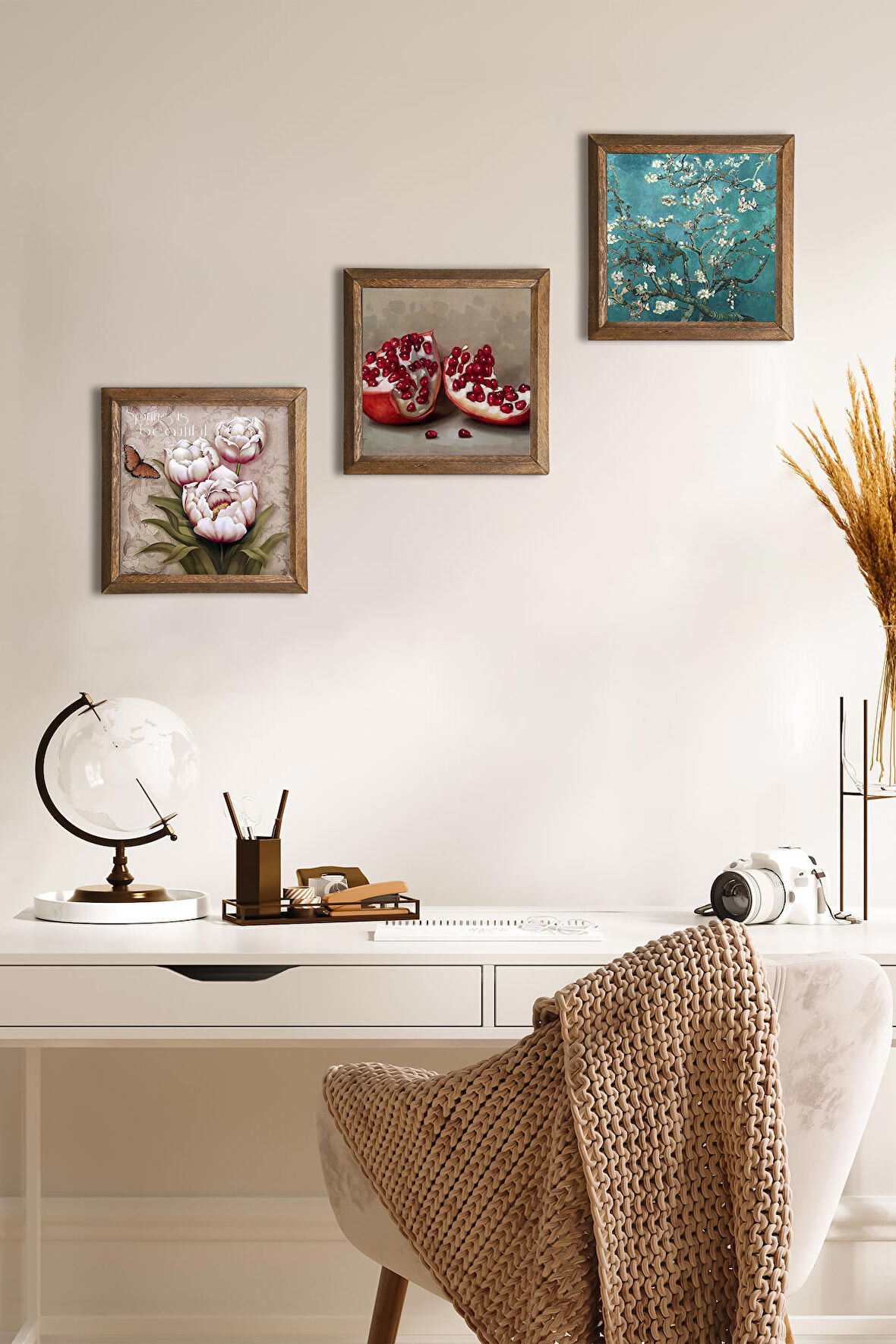 Van Gogh Badem Ağacı, Kelebekli Çiçek, Nar Taş Duvar Tablosu Ahşap Çerçeveli Duvar Dekoru 3 Parça Tablo Seti Wall Art