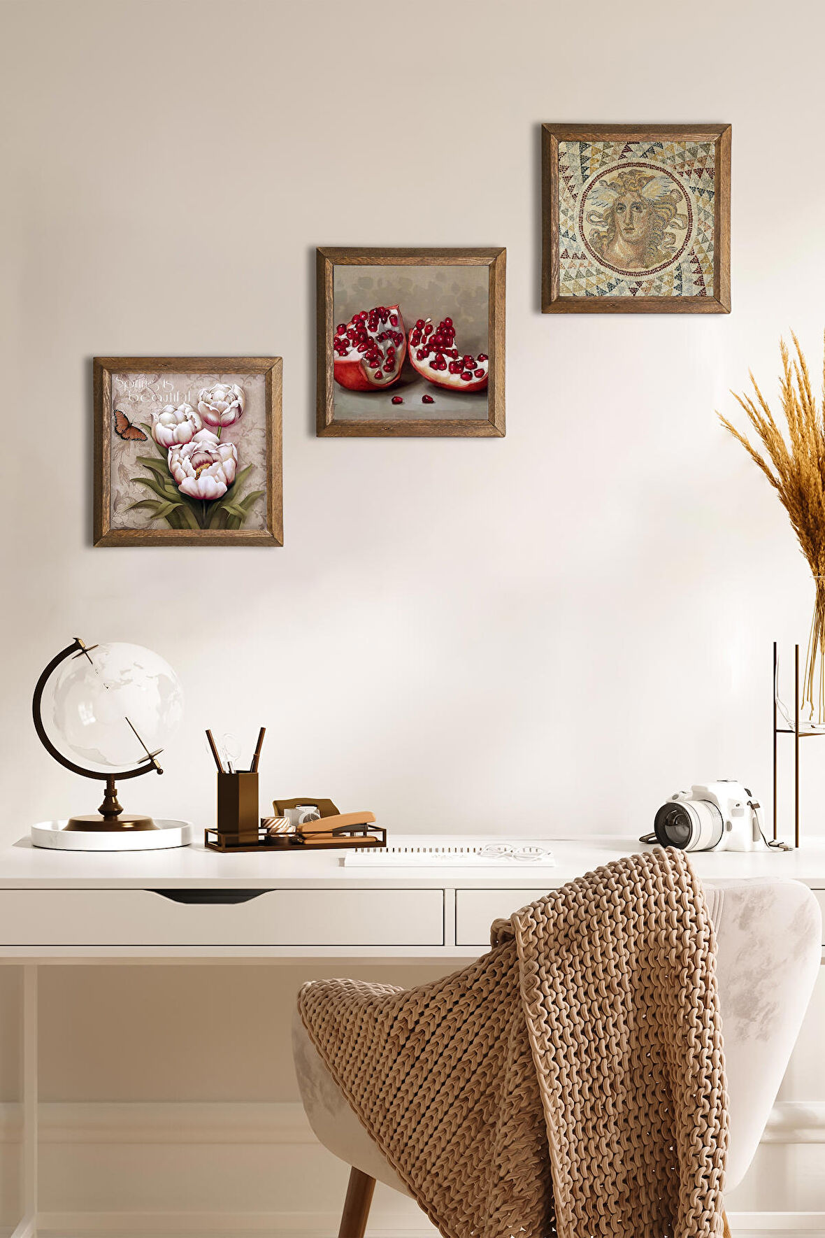 Mozaik Serisi, Kelebekli Çiçek, Nar Taş Duvar Tablosu Ahşap Çerçeveli Duvar Dekoru 3 Parça Tablo Seti Wall Art