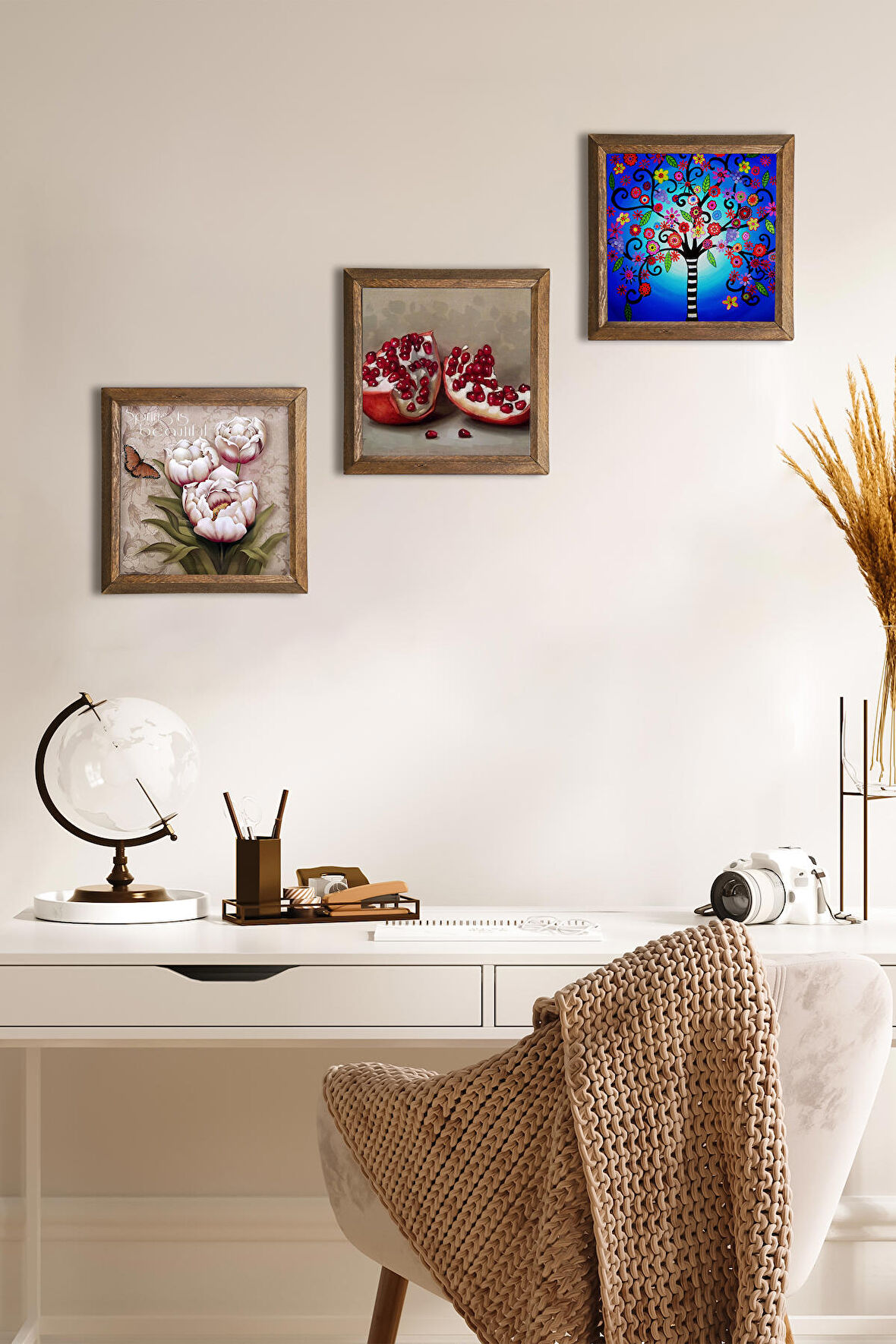 Hayat Ağacı, Kelebekli Çiçek, Nar Taş Duvar Tablosu Ahşap Çerçeveli Duvar Dekoru 3 Parça Tablo Seti Wall Art
