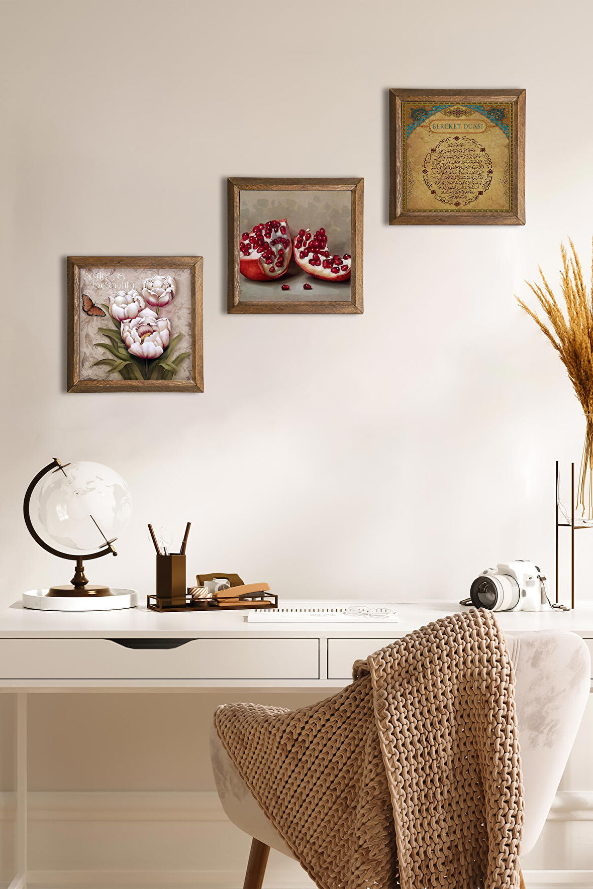 Bereket Duası, Kelebekli Çiçek, Nar Taş Duvar Tablosu Ahşap Çerçeveli Duvar Dekoru 3 Parça Tablo Seti Wall Art