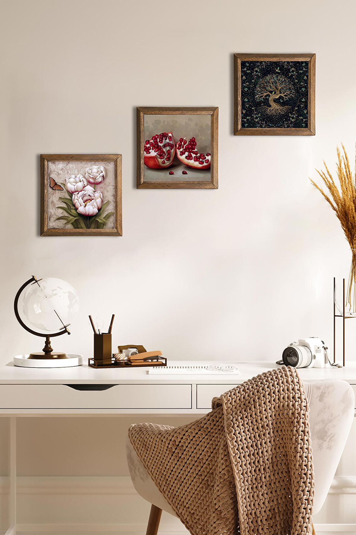 Hayat Ağacı, Kelebekli Çiçek, Nar Taş Duvar Tablosu Ahşap Çerçeveli Duvar Dekoru 3 Parça Tablo Seti Wall Art