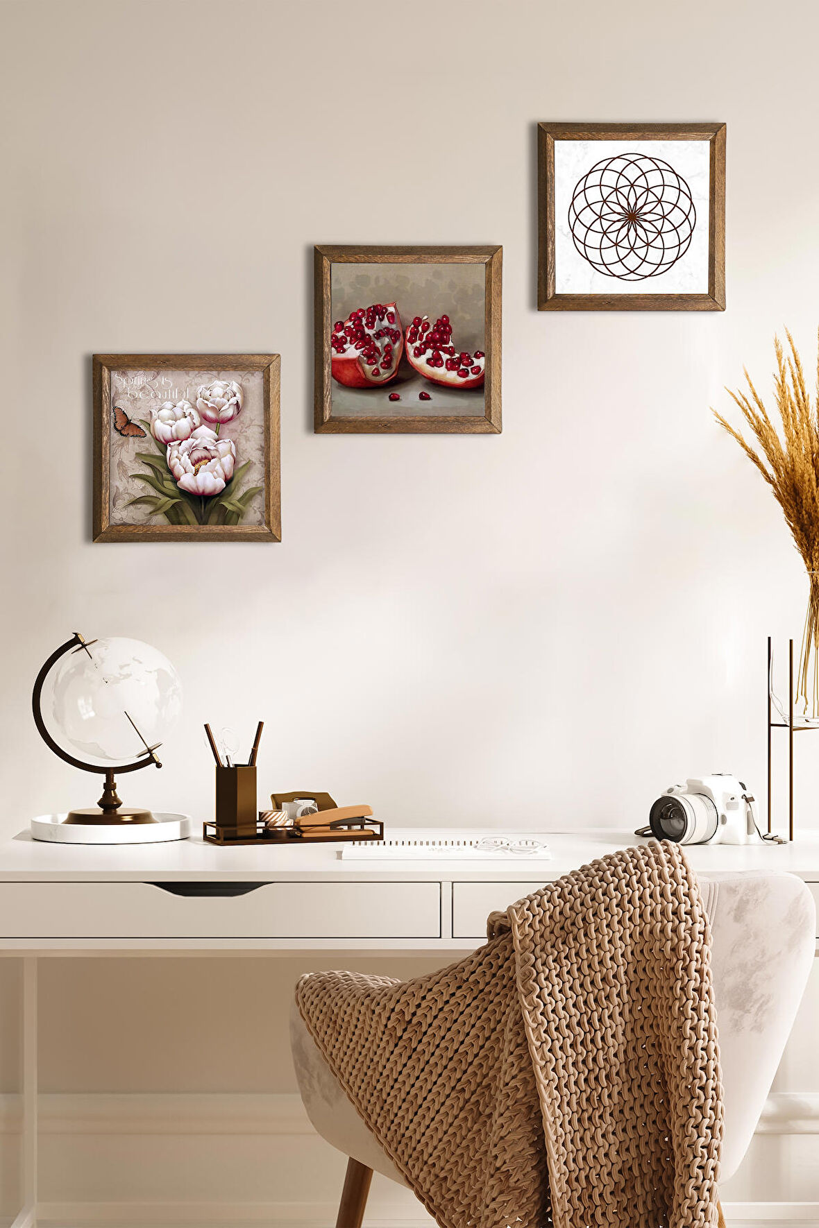 Yaşam Çiçeği, Kelebekli Çiçek, Nar Taş Duvar Tablosu Ahşap Çerçeveli Duvar Dekoru 3 Parça Tablo Seti Wall Art