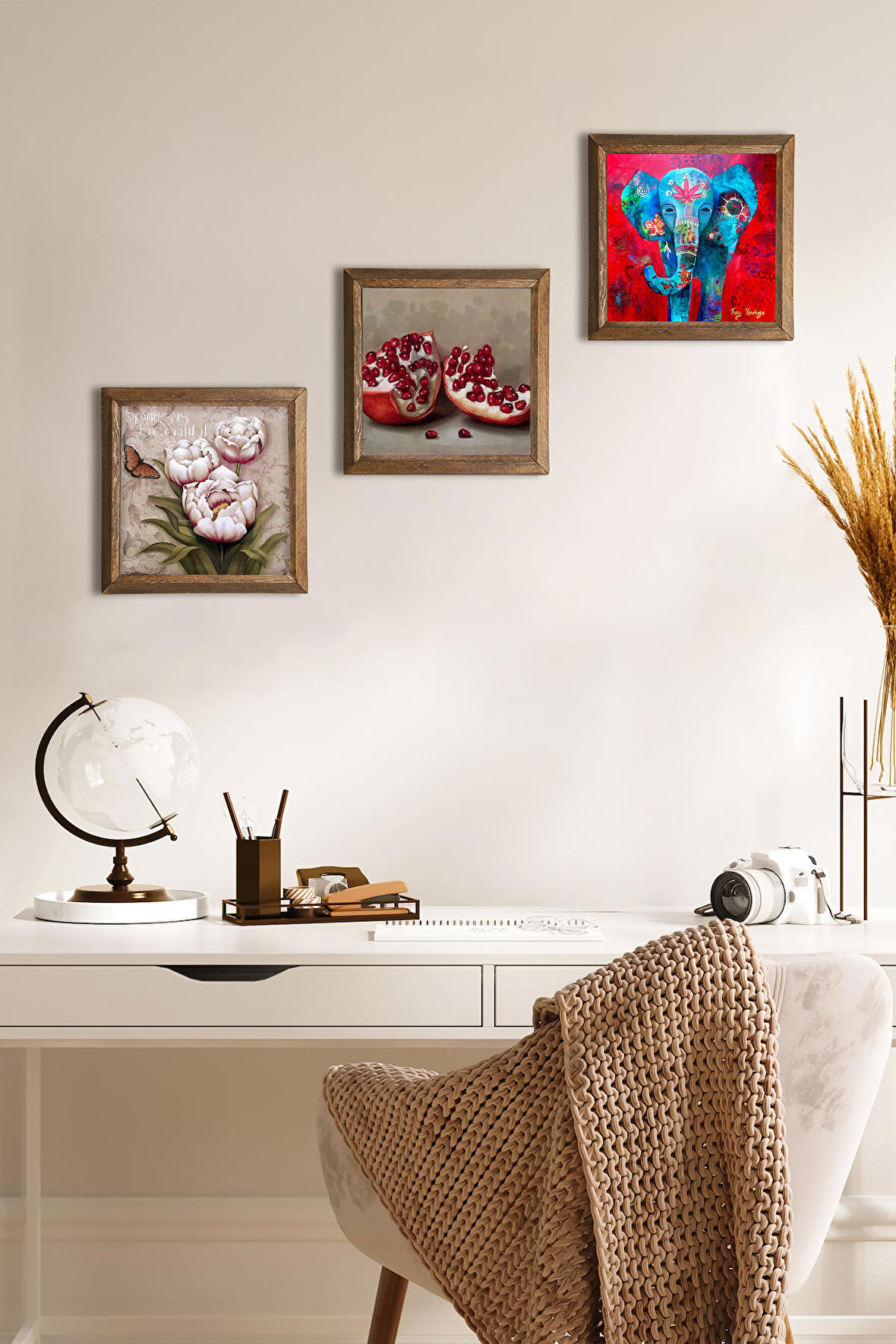 Fil, Kelebekli Çiçek, Nar Taş Duvar Tablosu Ahşap Çerçeveli Duvar Dekoru 3 Parça Tablo Seti Wall Art
