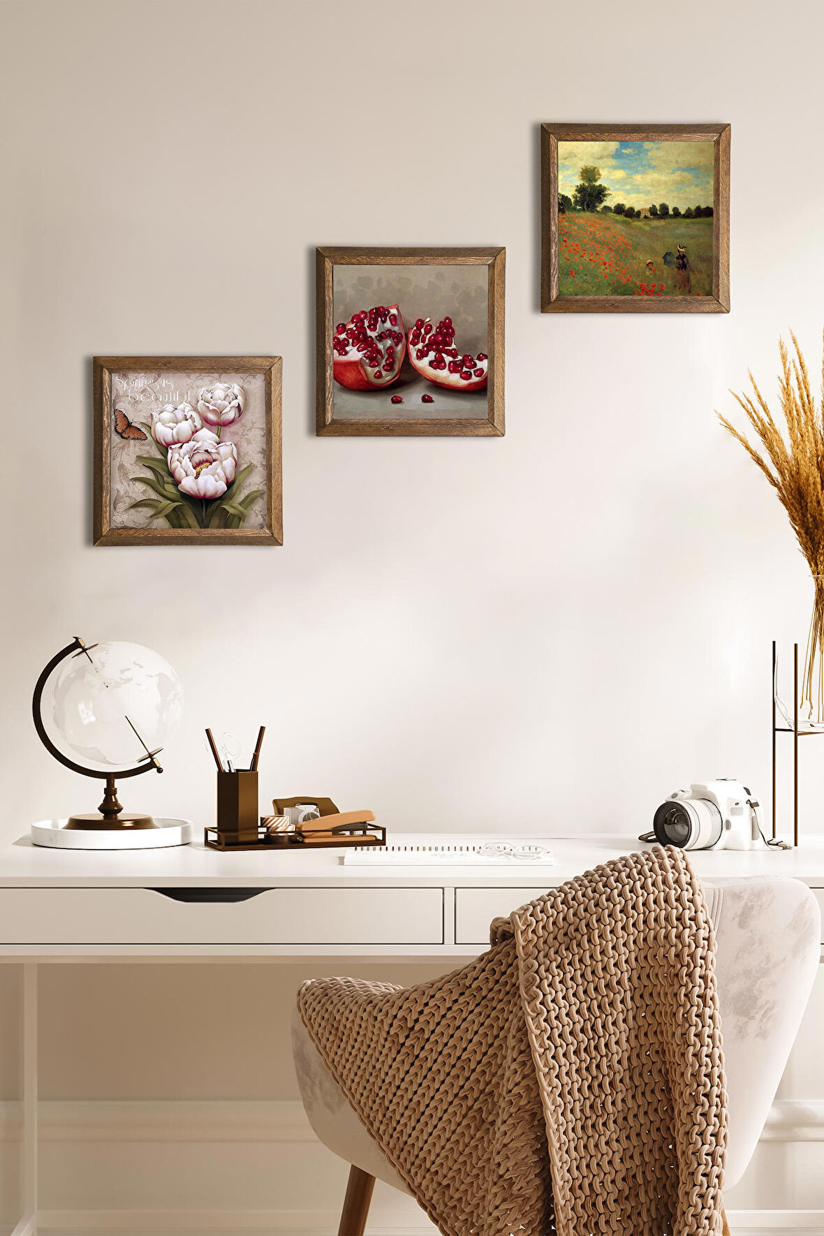Claude Monet Gelincikler, Kelebekli Çiçek, Nar Taş Duvar Tablosu Ahşap Çerçeveli Duvar Dekoru 3 Parça Tablo Seti Wall Art