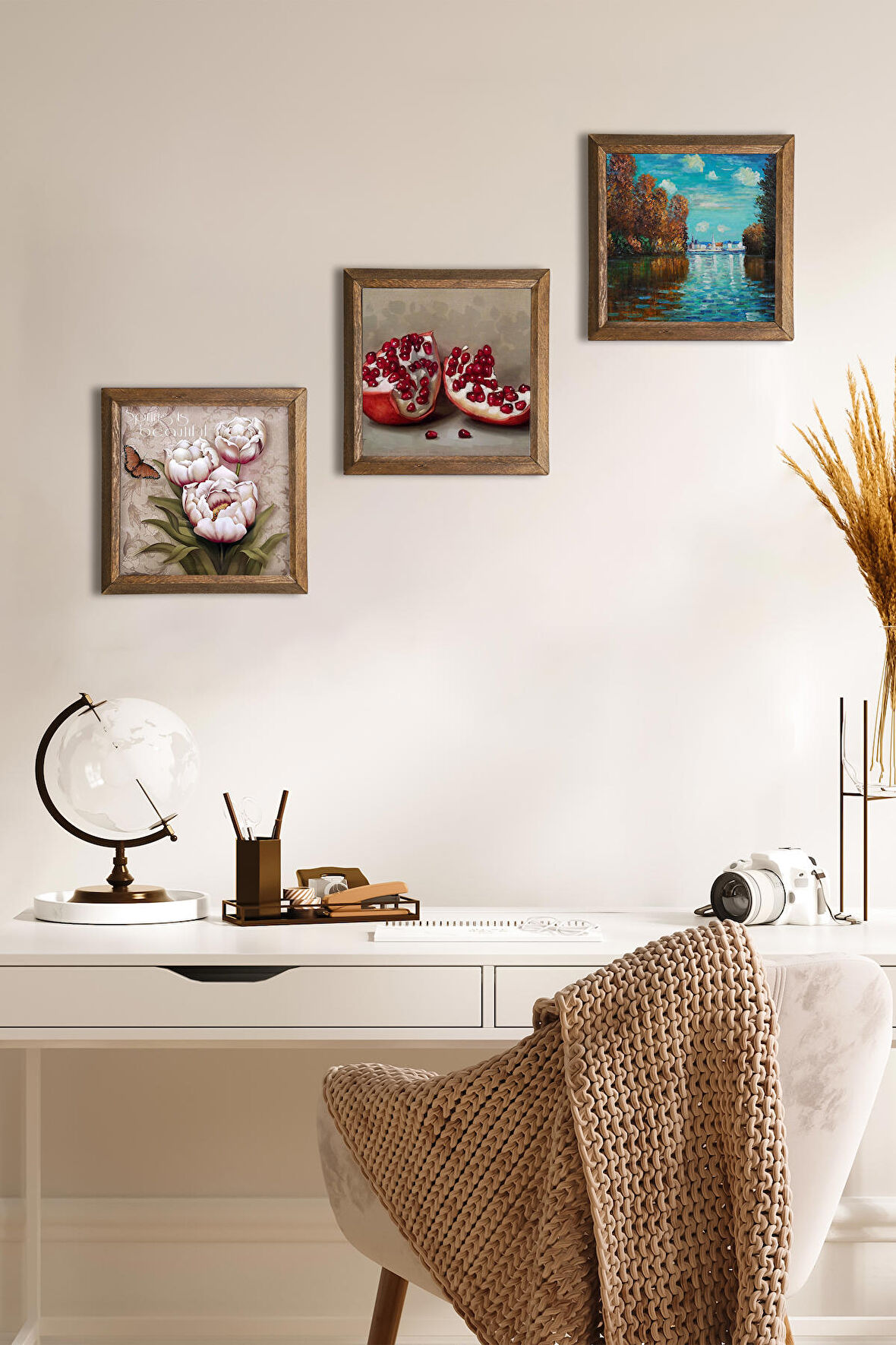 Claude Monet Sonbahar, Kelebekli Çiçek, Nar Taş Duvar Tablosu Ahşap Çerçeveli Duvar Dekoru 3 Parça Tablo Seti Wall Art