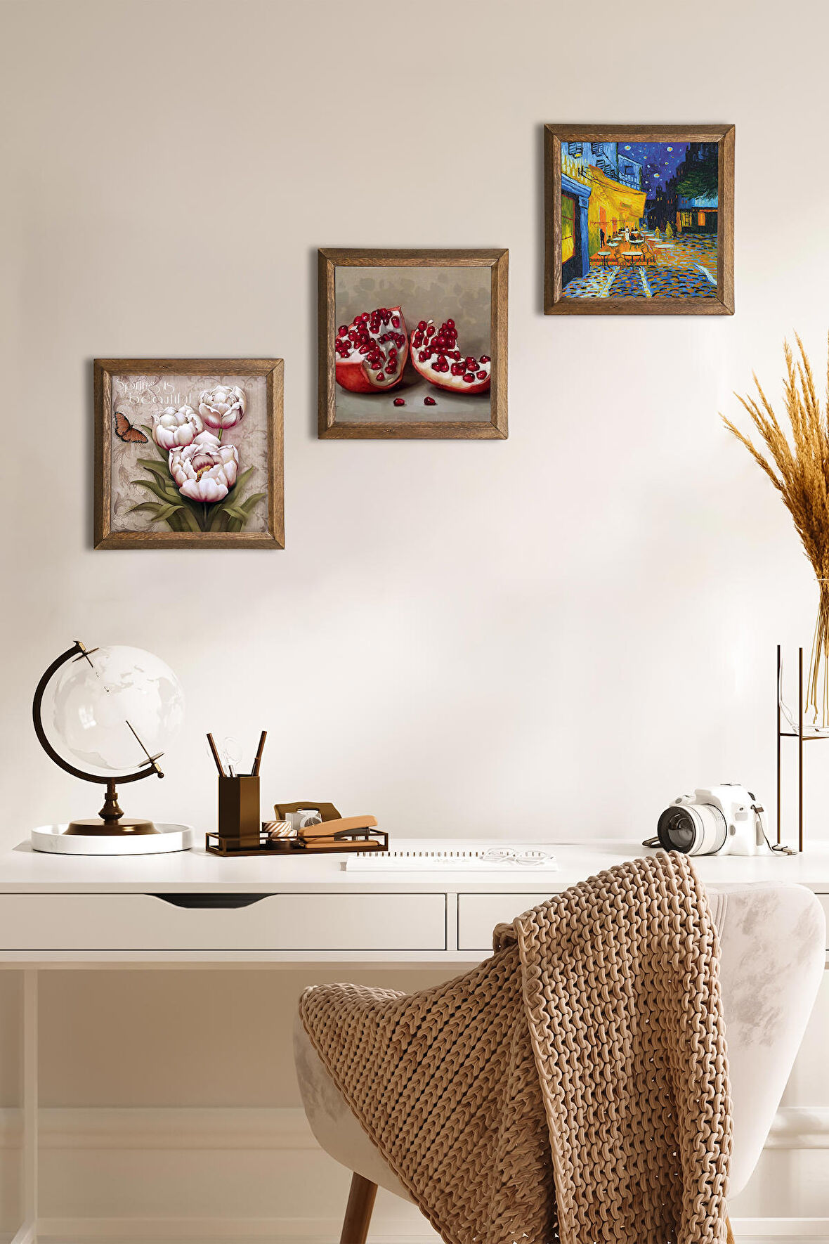 Van Gogh Kafe Terasta Gece, Kelebekli Çiçek, Nar Taş Duvar Tablosu Ahşap Çerçeveli Duvar Dekoru 3 Parça Tablo Seti Wall Art