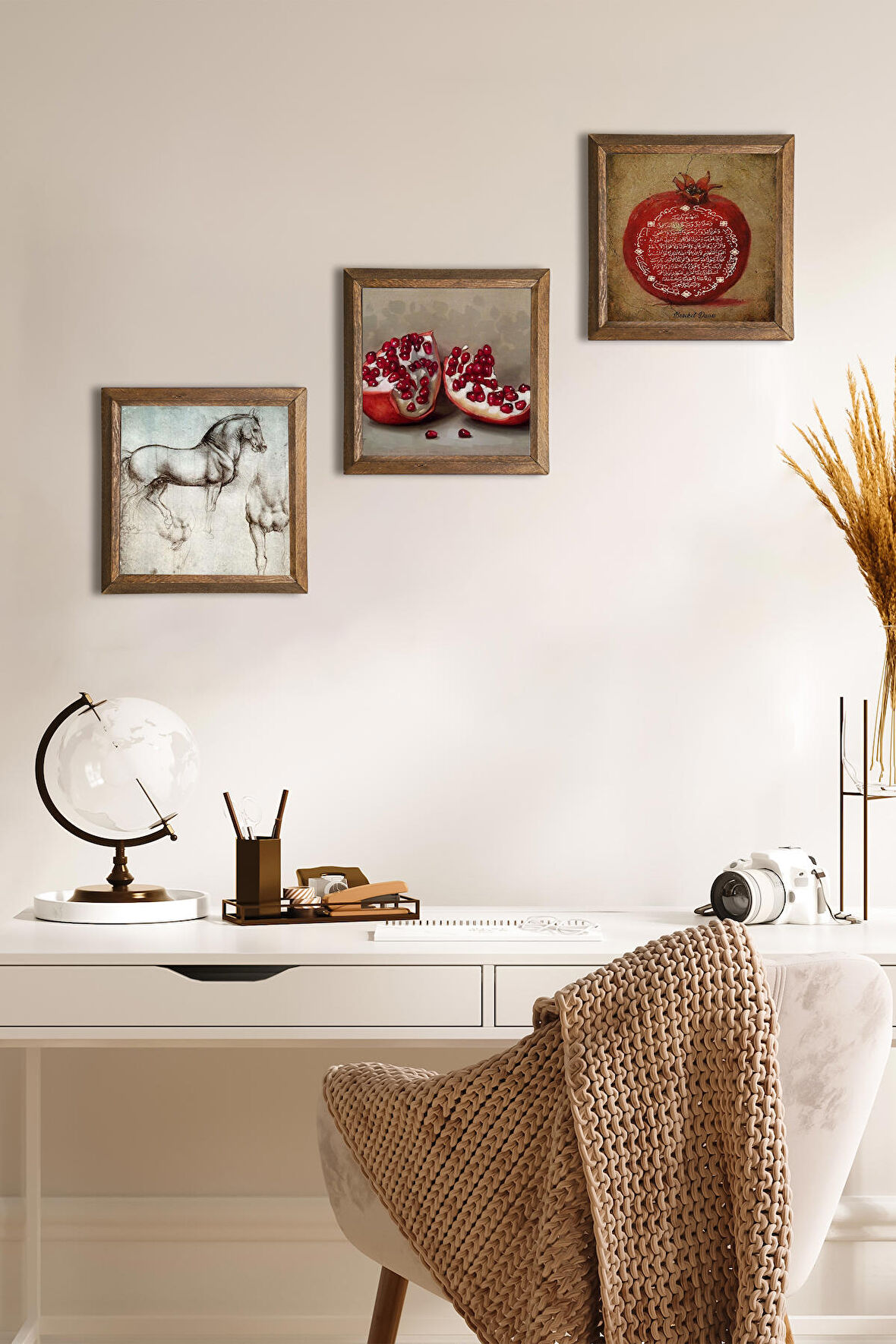 Bereket Duası, Nar, At Taş Duvar Tablosu Ahşap Çerçeveli Duvar Dekoru 3 Parça Tablo Seti Wall Art