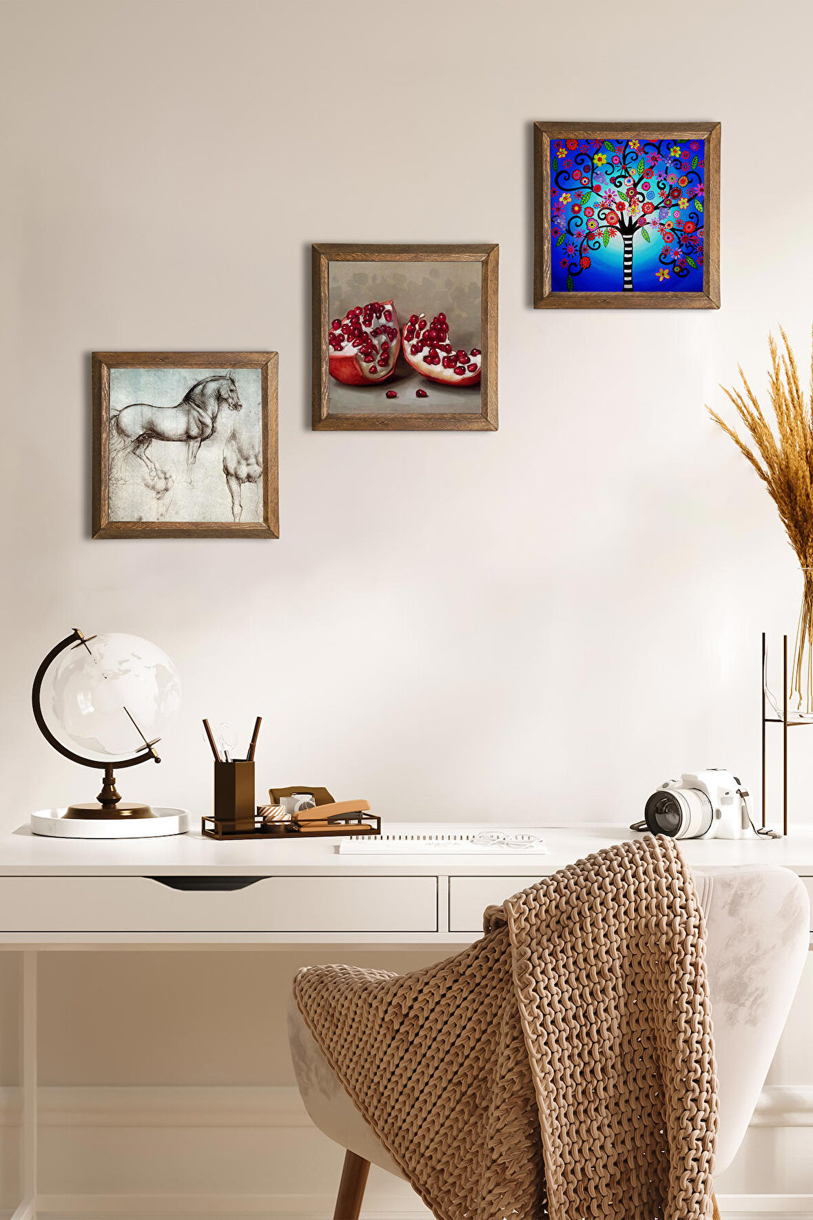 Hayat Ağacı, Leonardo da Vinci At Heykeli, Nar Taş Duvar Tablosu Ahşap Çerçeveli Duvar Dekoru 3 Parça Tablo Seti Wall Art