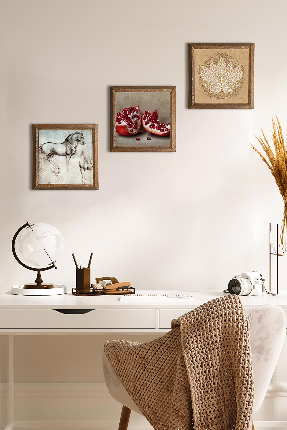 Lotus Çiçeği, Leonardo da Vinci At Heykeli, Nar Taş Duvar Tablosu Ahşap Çerçeveli Duvar Dekoru 3 Parça Tablo Seti Wall Art