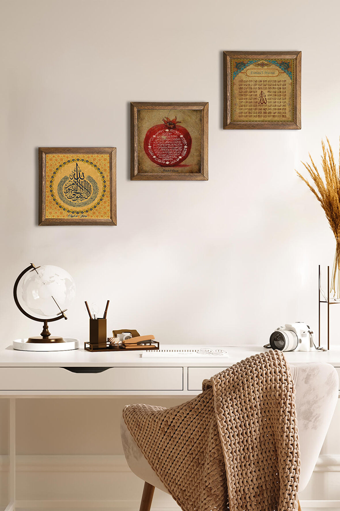 Ayet-el Kürsi, Esma'ül Hüsna, Bereket Duası Taş Duvar Tablosu Ahşap Çerçeveli Duvar Dekoru 3 Parça Tablo Seti Wall Art
