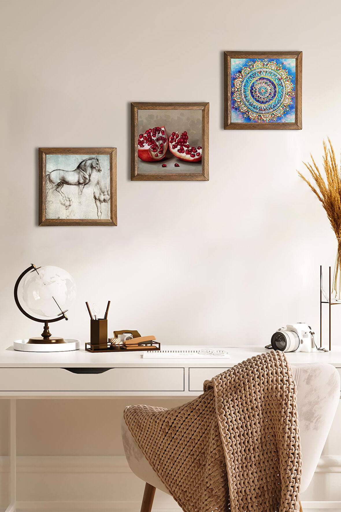 Mandala, Leonardo da Vinci At Heykeli, Nar Taş Duvar Tablosu Ahşap Çerçeveli Duvar Dekoru 3 Parça Tablo Seti Wall Art