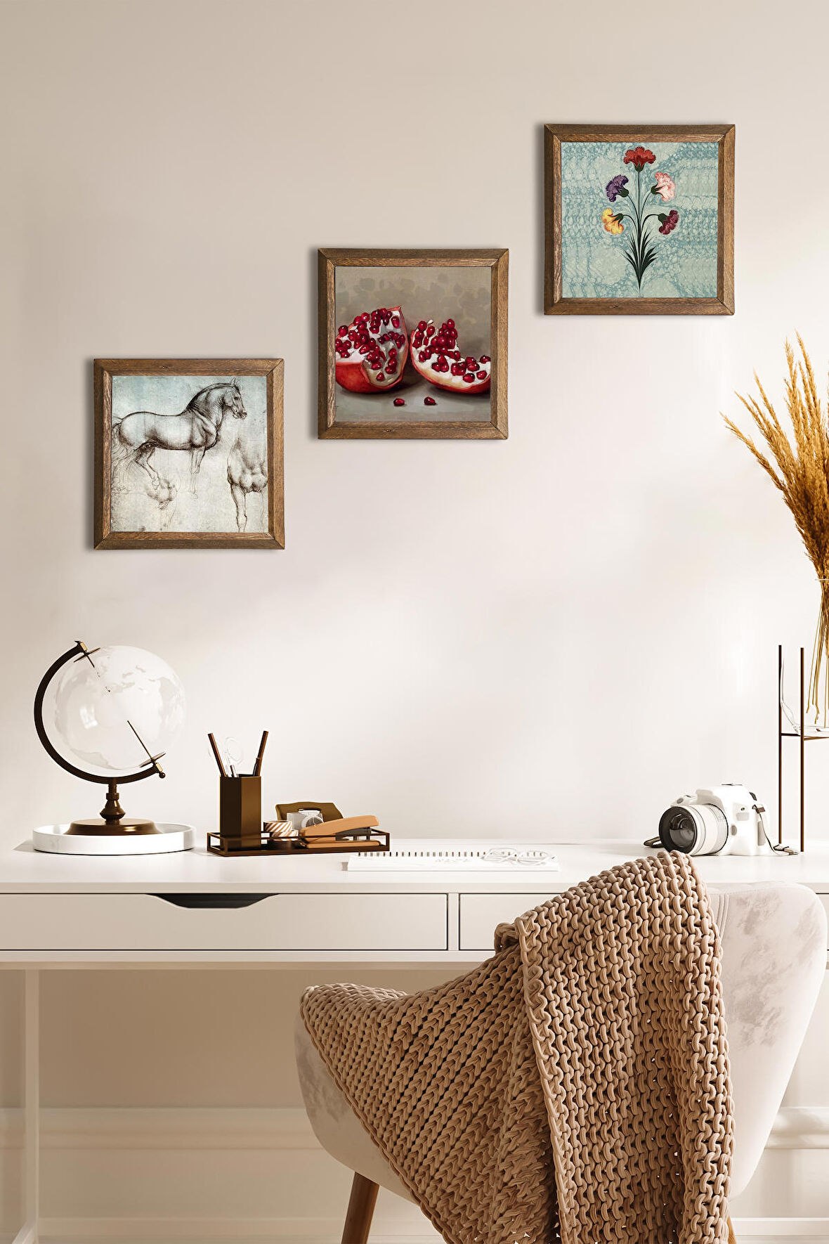 Ebru Sanatı, Leonardo da Vinci At Heykeli, Nar Taş Duvar Tablosu Ahşap Çerçeveli Duvar Dekoru 3 Parça Tablo Seti Wall Art