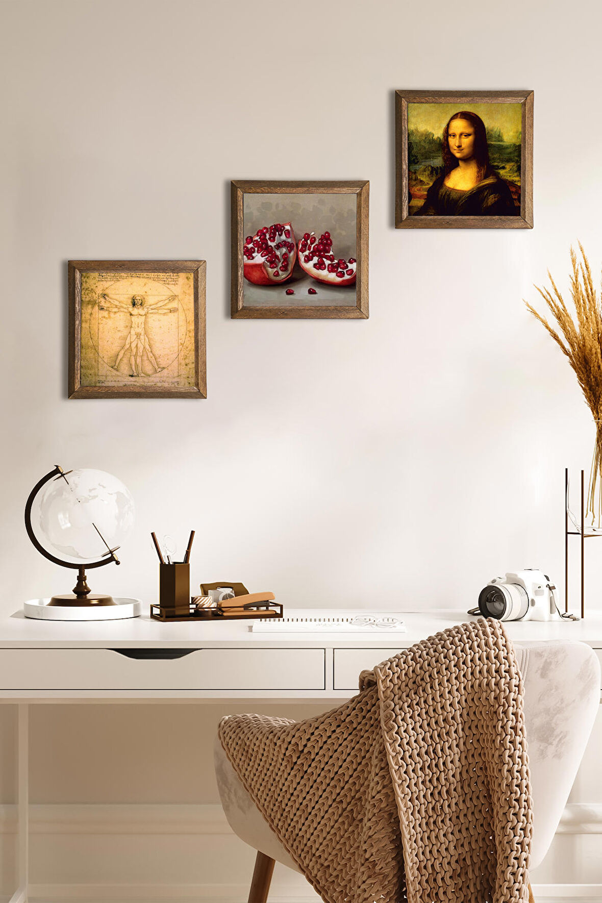 Leonardo da Vinci Mona Lisa, Vitruvius Adamı, Nar Taş Duvar Tablosu Ahşap Çerçeveli Duvar Dekoru 3 Parça Tablo Seti Wall Art