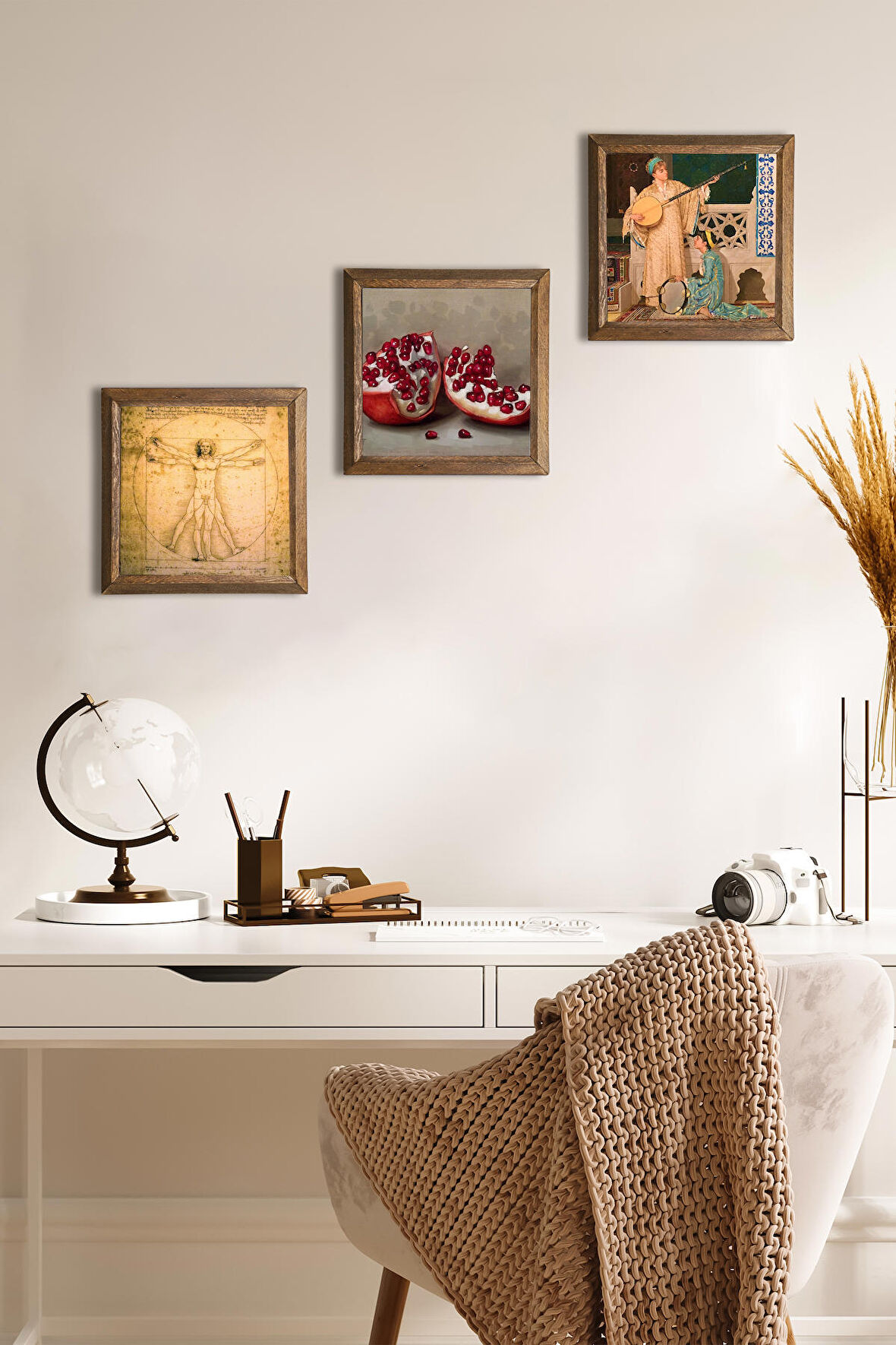 İki Müzisyen Kız, Leonardo da Vinci Vitruvius Adamı, Nar Taş Duvar Tablosu Ahşap Çerçeveli Duvar Dekoru 3 Parça Tablo Seti Wall Art