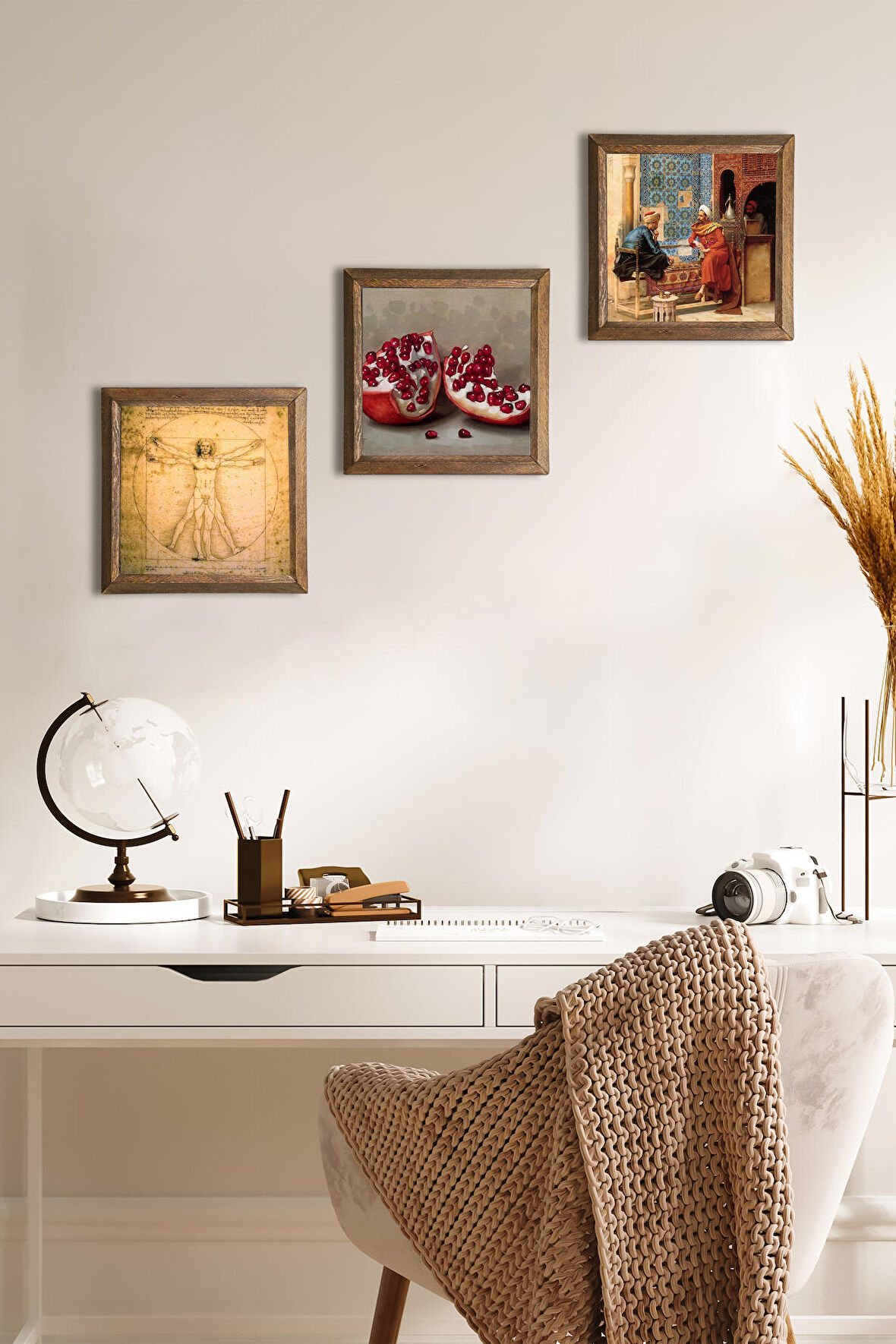 Satranç Oyunu, Leonardo da Vinci Vitruvius Adamı, Nar Taş Duvar Tablosu Ahşap Çerçeveli Duvar Dekoru 3 Parça Tablo Seti Wall Art