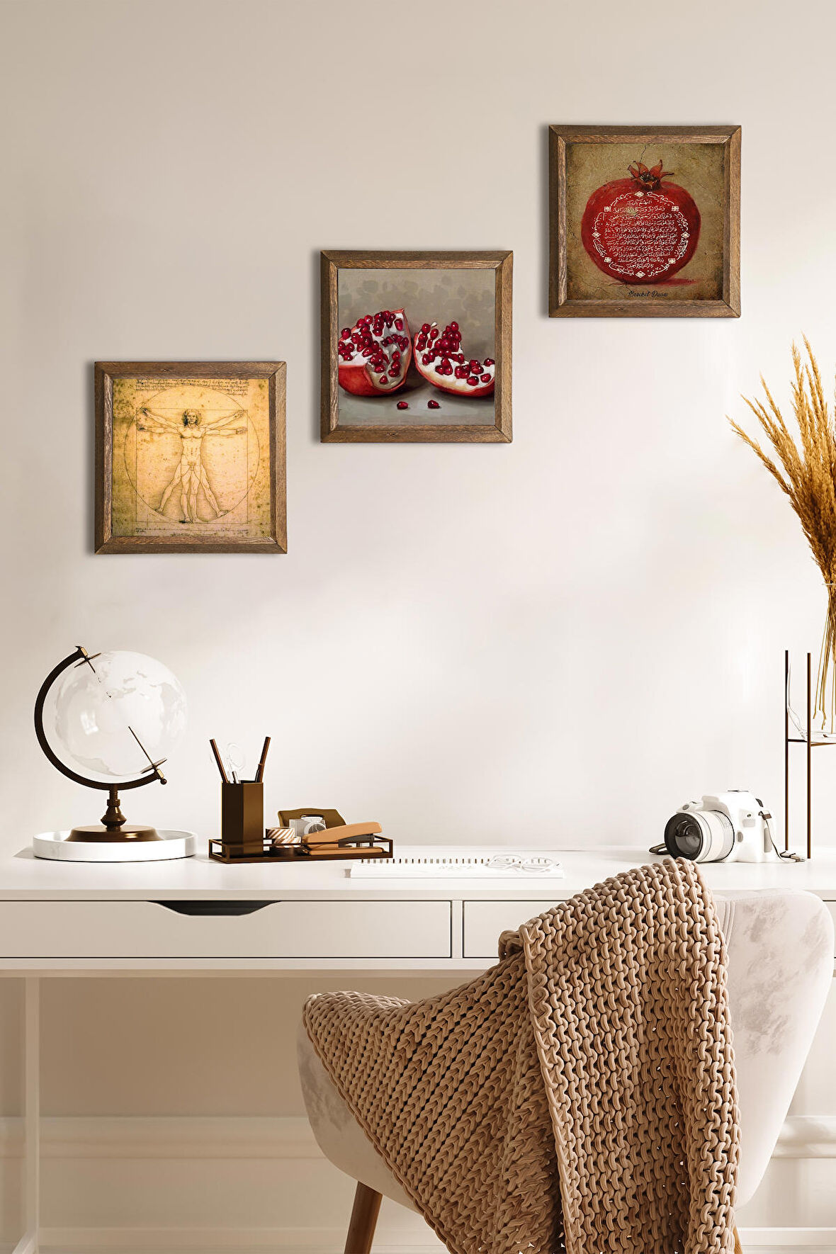 Bereket Duası, Nar, Vitruvius Taş Duvar Tablosu Ahşap Çerçeveli Duvar Dekoru 3 Parça Tablo Seti Wall Art