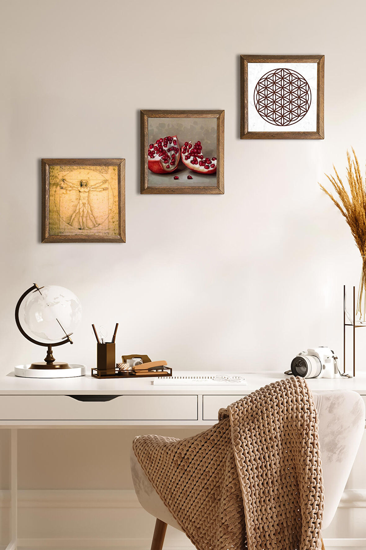 Yaşam Çiçeği, Leonardo da Vinci Vitruvius Adamı, Nar Taş Duvar Tablosu Ahşap Çerçeveli Duvar Dekoru 3 Parça Tablo Seti Wall Art