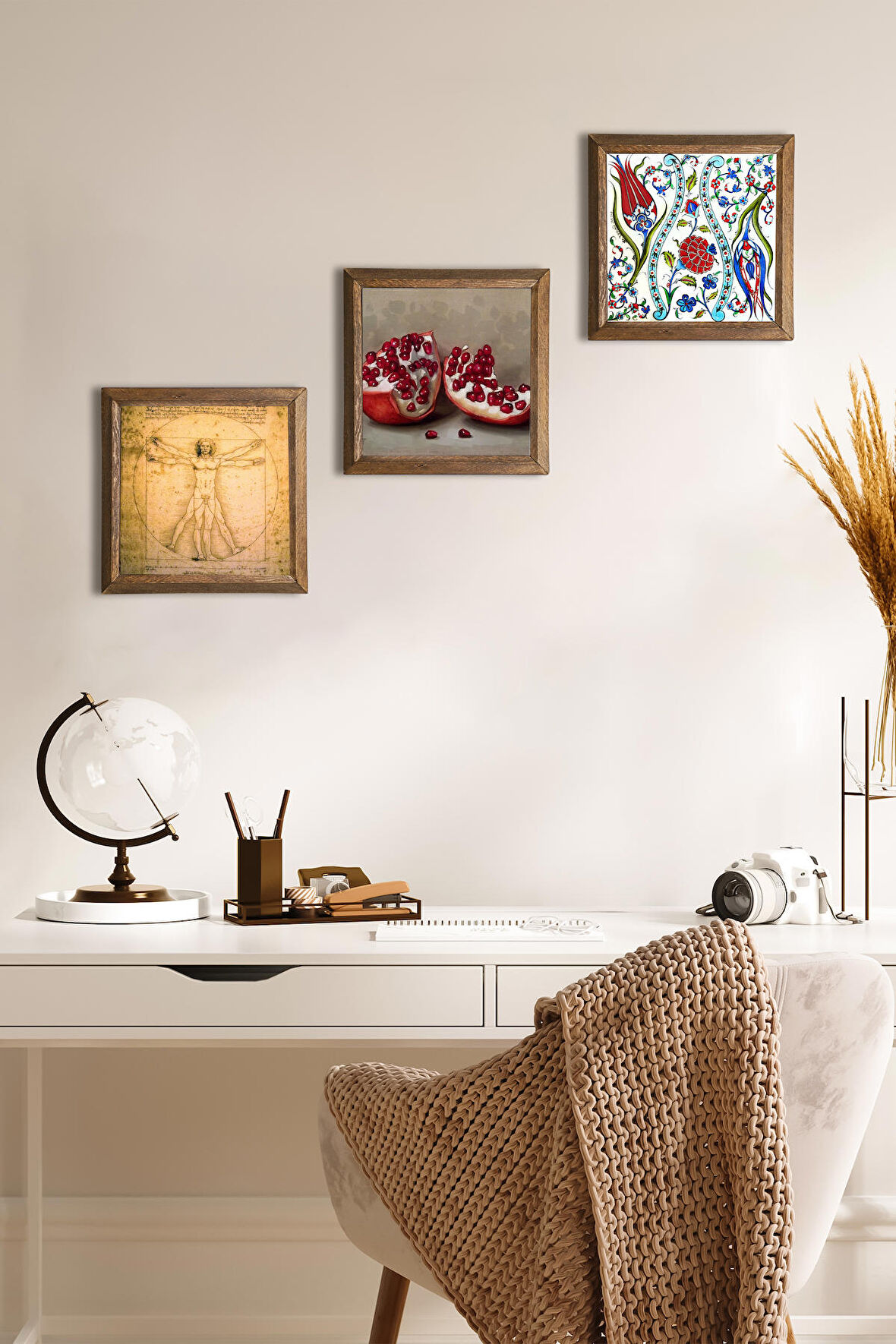 Çini Sanatı Lale, Leonardo da Vinci Vitruvius Adamı, Nar Taş Duvar Tablosu Ahşap Çerçeveli Duvar Dekoru 3 Parça Tablo Seti Wall Art