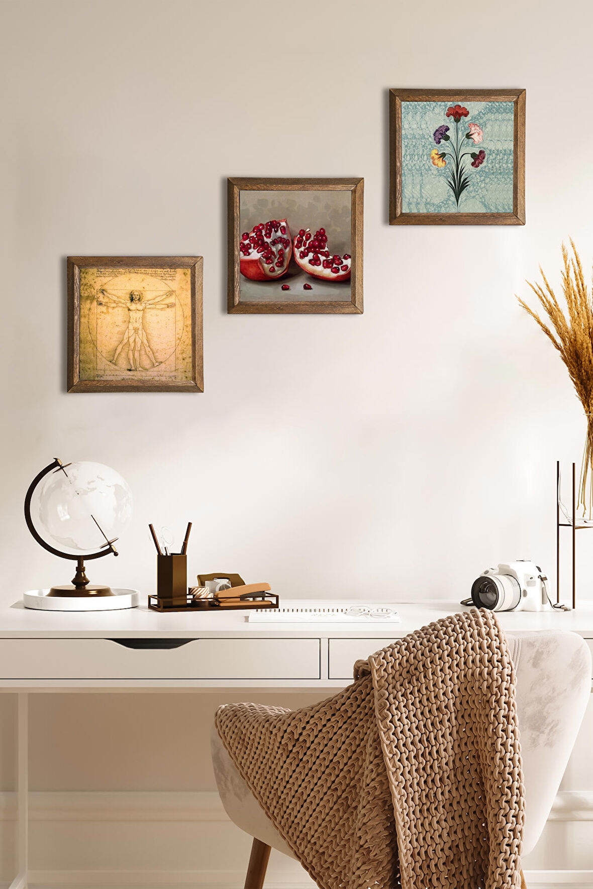 Ebru Sanatı, Leonardo da Vinci Vitruvius Adamı, Nar Taş Duvar Tablosu Ahşap Çerçeveli Duvar Dekoru 3 Parça Tablo Seti Wall Art