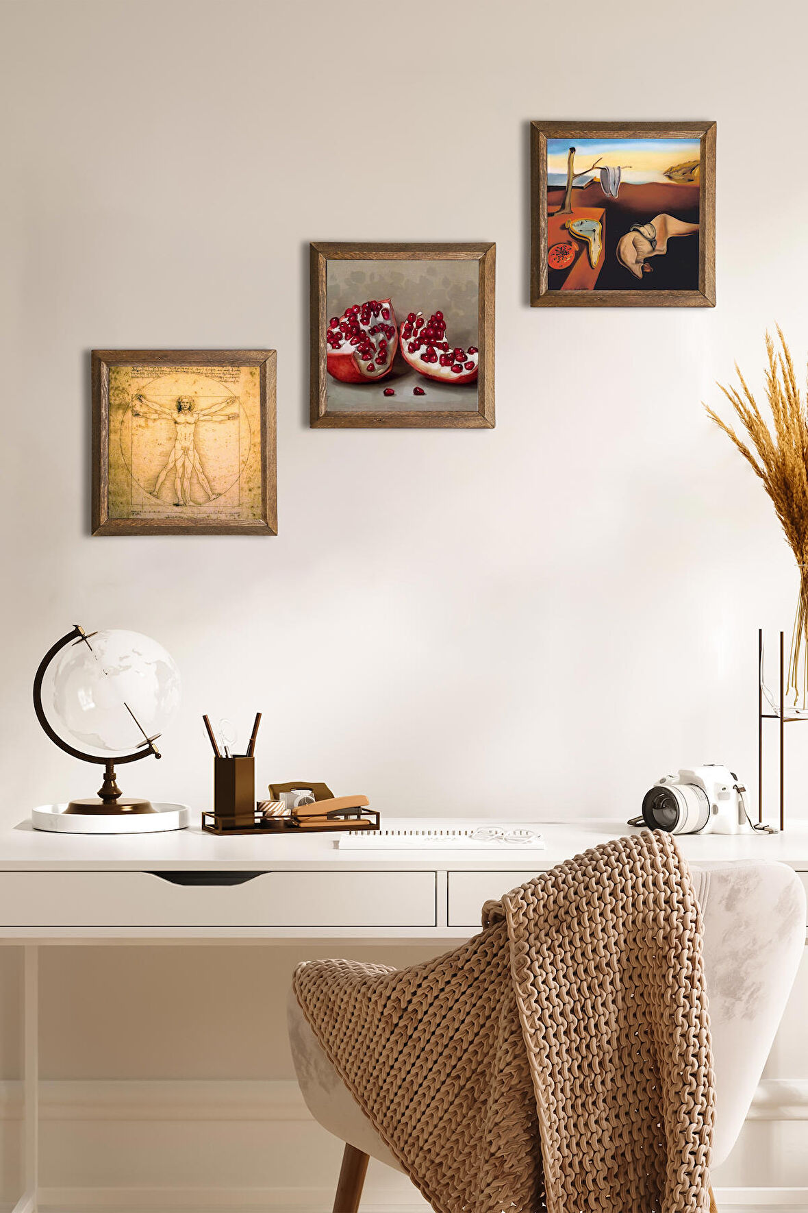 Salvador Dalí Belleğin Azmi, Da Vinci Vitruvius Adamı, Nar Taş Duvar Tablosu Ahşap Çerçeveli Duvar Dekoru 3 Parça Tablo Seti Wall Art