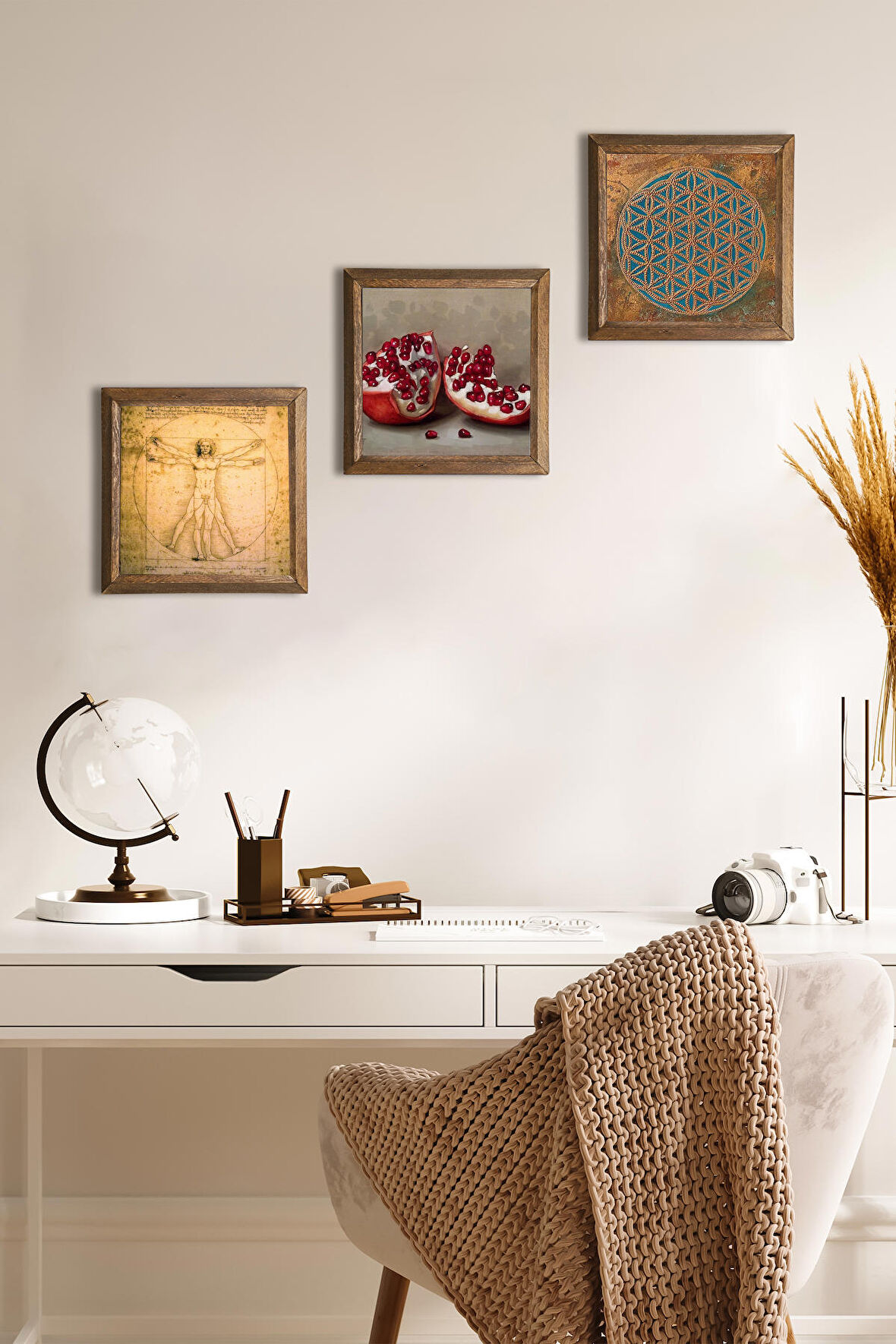 Yaşam Çiçeği, Leonardo da Vinci Vitruvius Adamı, Nar Taş Duvar Tablosu Ahşap Çerçeveli Duvar Dekoru 3 Parça Tablo Seti Wall Art