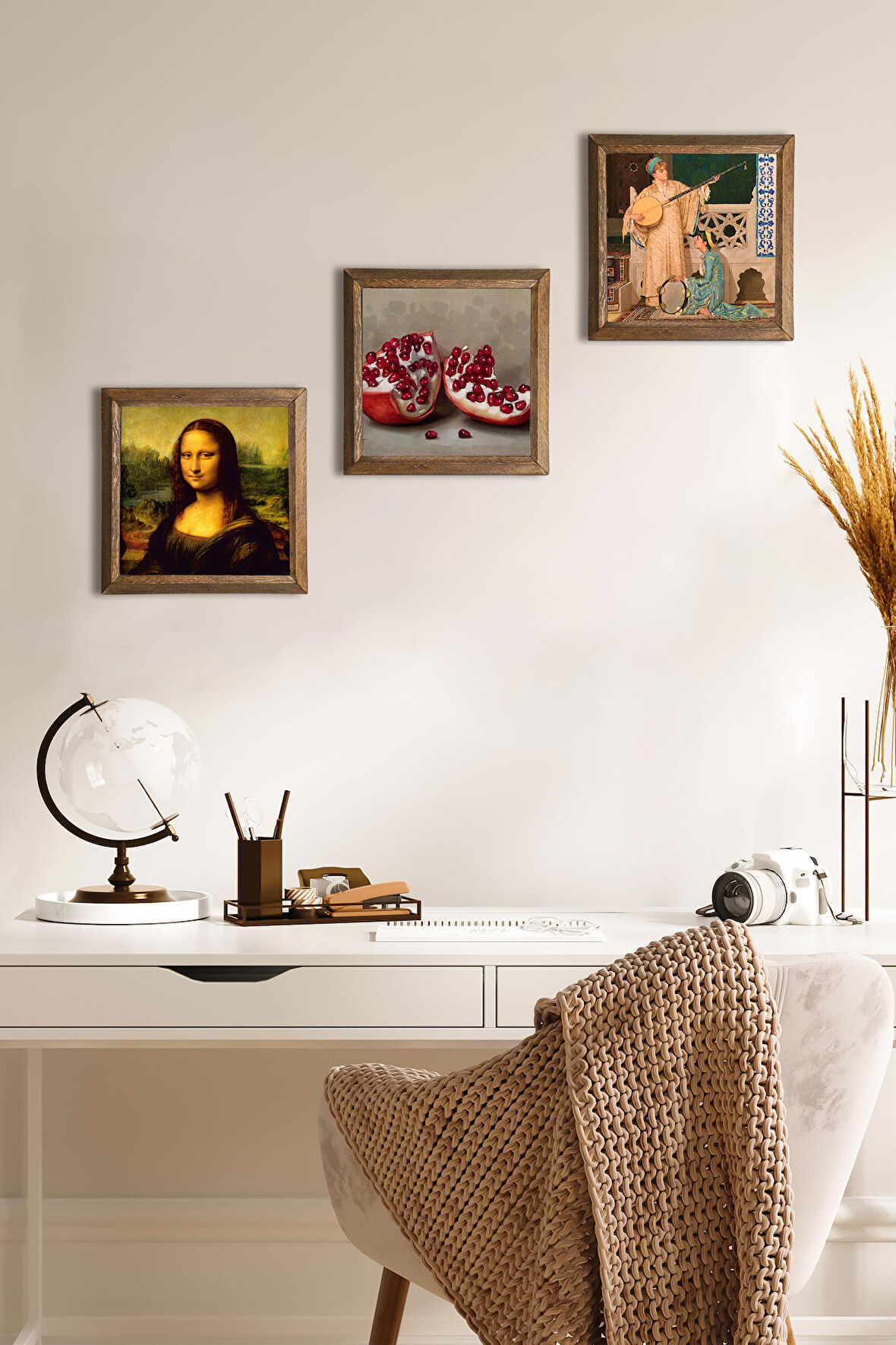 İki Müzisyen Kız Tablosu, Leonardo da Vinci Mona Lisa, Nar Taş Duvar Tablosu Ahşap Çerçeveli Duvar Dekoru 3 Parça Tablo Seti Wall Art