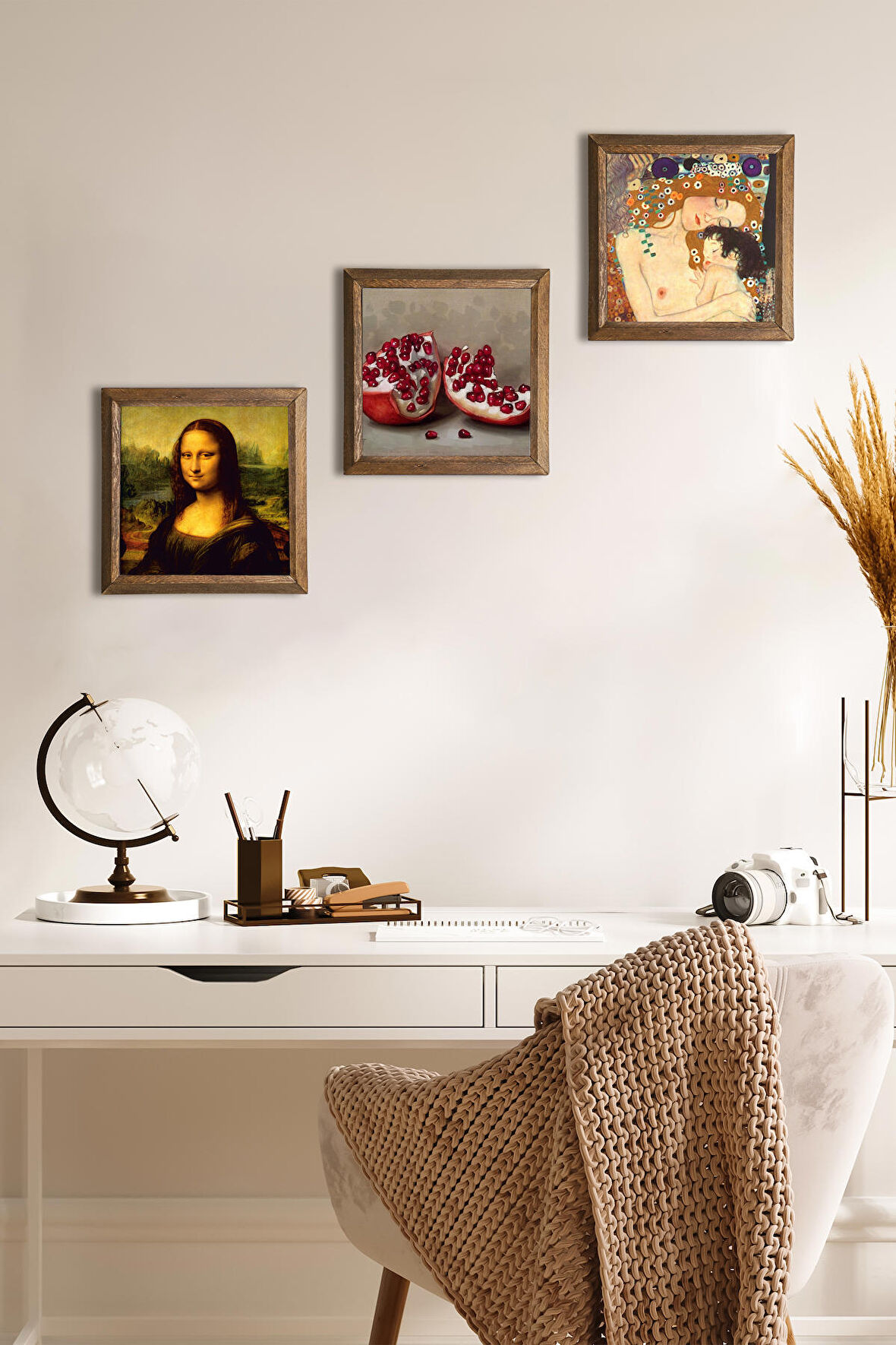 Gustav Klimt Anne Çocuk, Leonardo da Vinci Mona Lisa, Nar Taş Duvar Tablosu Ahşap Çerçeveli Duvar Dekoru 3 Parça Tablo Seti Wall Art