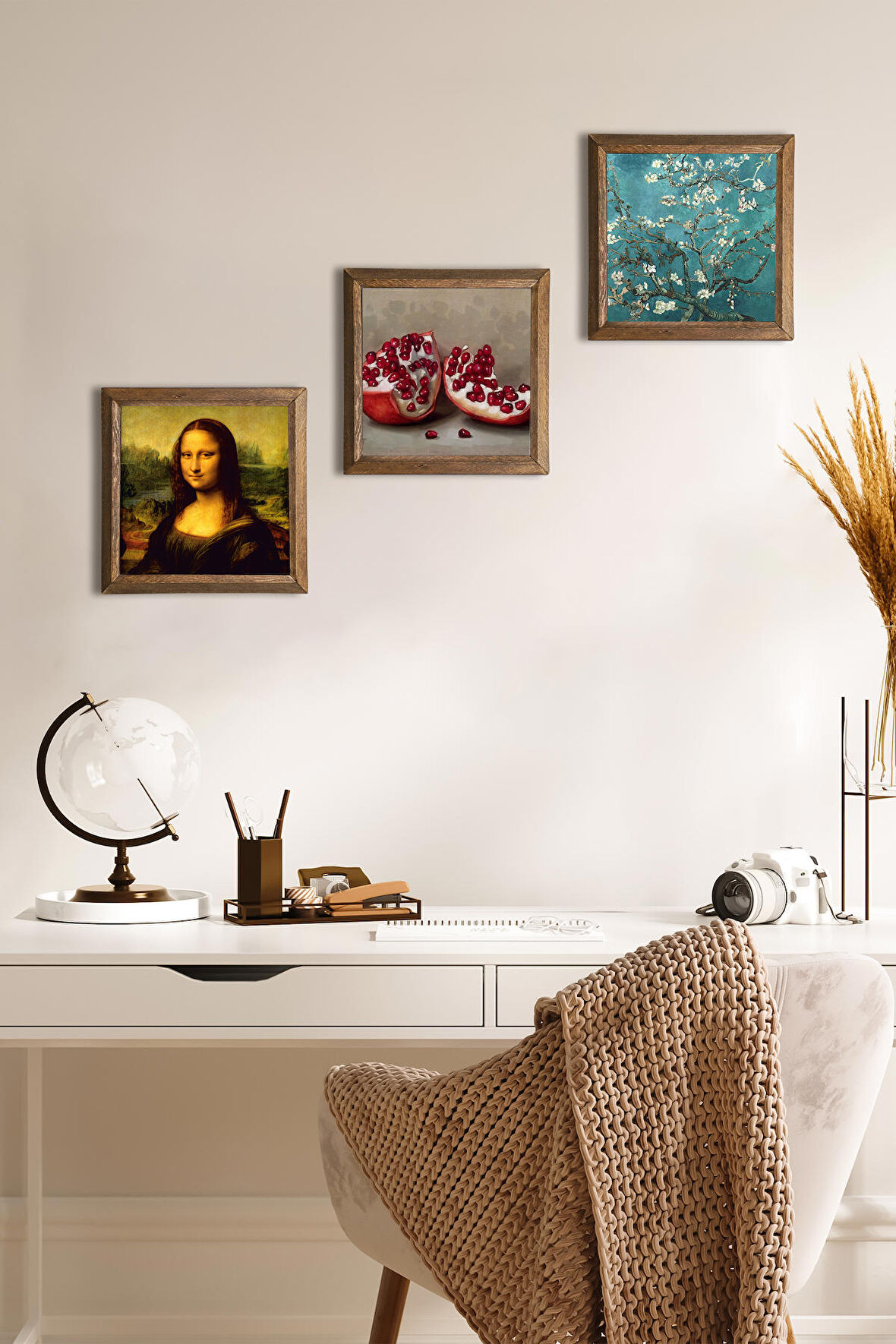 Van Gogh Badem Ağacı, Leonardo da Vinci Mona Lisa, Nar Taş Duvar Tablosu Ahşap Çerçeveli Duvar Dekoru 3 Parça Tablo Seti Wall Art
