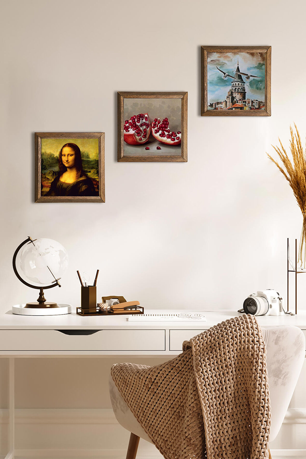 İstanbul Galata Kulesi, Leonardo da Vinci Mona Lisa, Nar Taş Duvar Tablosu Ahşap Çerçeveli Duvar Dekoru 3 Parça Tablo Seti Wall Art