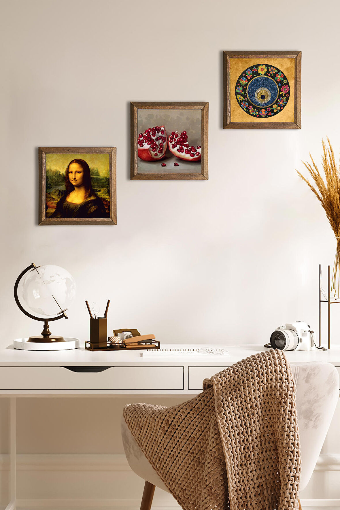 Nazar Boncuğu, Leonardo da Vinci Mona Lisa, Nar Taş Duvar Tablosu Ahşap Çerçeveli Duvar Dekoru 3 Parça Tablo Seti Wall Art