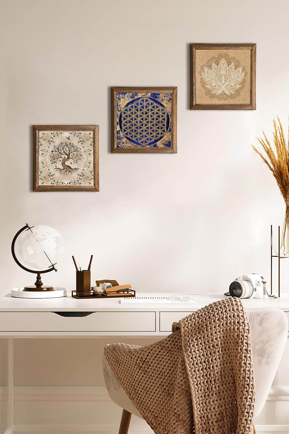 Lotus Çiçeği, Yaşam Çiçeği, Hayat Ağacı Taş Duvar Tablosu Ahşap Çerçeveli Duvar Dekoru 3 Parça Tablo Seti Wall Art