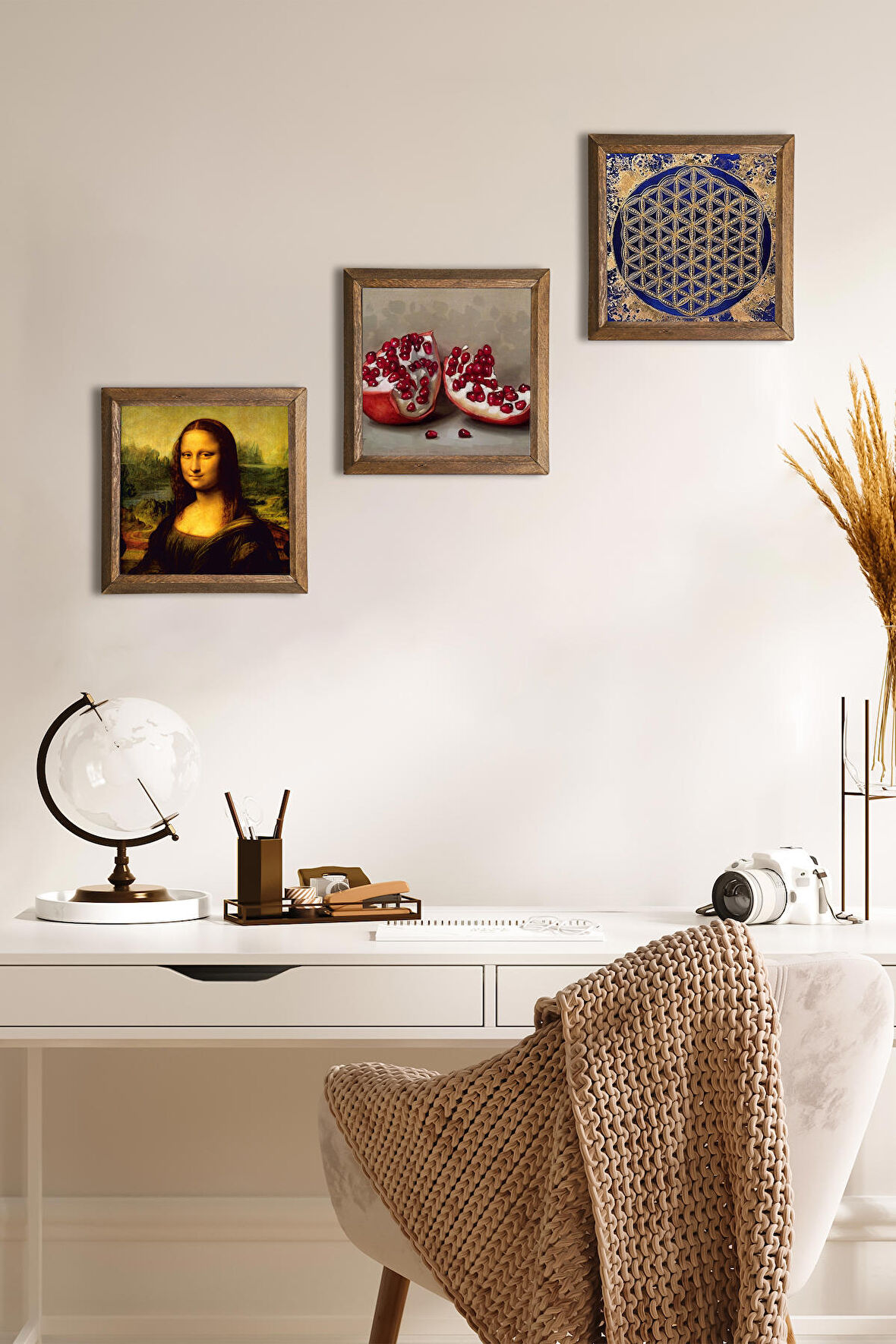 Yaşam Çiçeği, Leonardo da Vinci Mona Lisa, Nar Taş Duvar Tablosu Ahşap Çerçeveli Duvar Dekoru 3 Parça Tablo Seti Wall Art