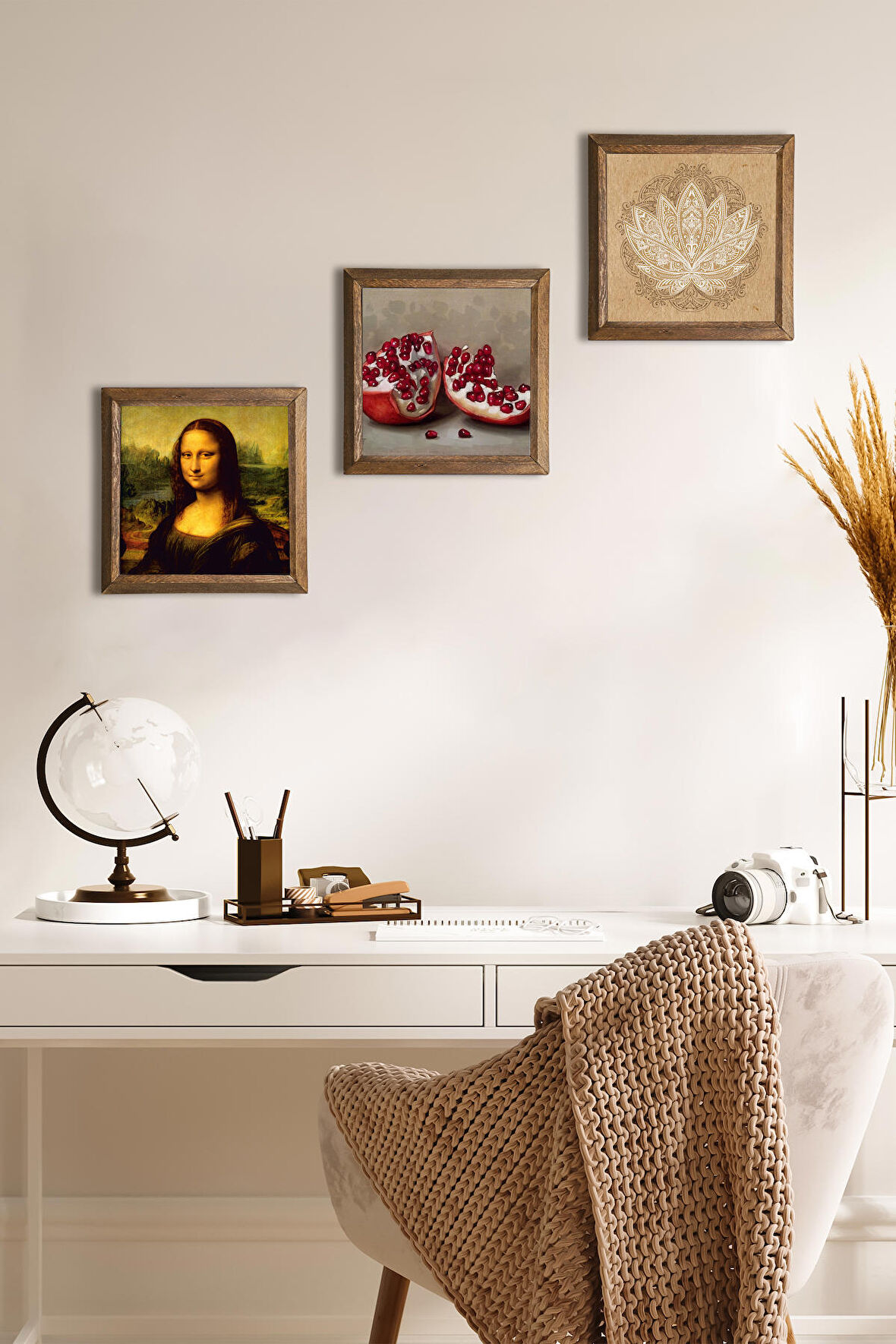 Lotus Çiçeği, Leonardo da Vinci Mona Lisa, Nar Taş Duvar Tablosu Ahşap Çerçeveli Duvar Dekoru 3 Parça Tablo Seti Wall Art