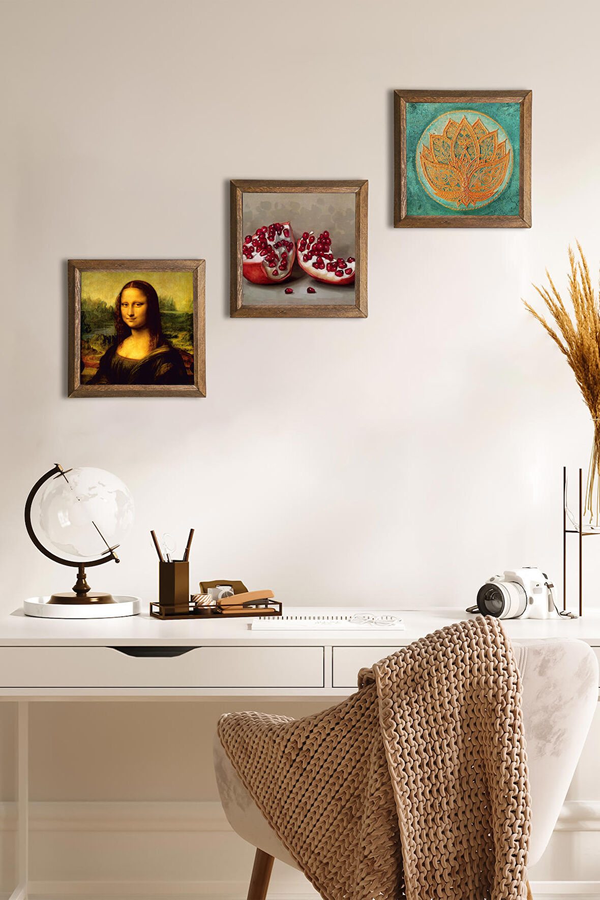 Lotus Çiçeği, Leonardo da Vinci Mona Lisa, Nar Taş Duvar Tablosu Ahşap Çerçeveli Duvar Dekoru 3 Parça Tablo Seti Wall Art