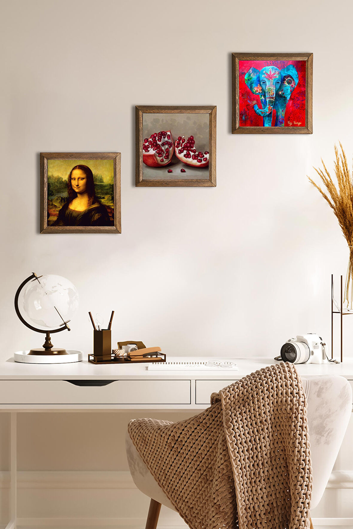 Fil, Leonardo da Vinci Mona Lisa, Nar Taş Duvar Tablosu Ahşap Çerçeveli Duvar Dekoru 3 Parça Tablo Seti Wall Art