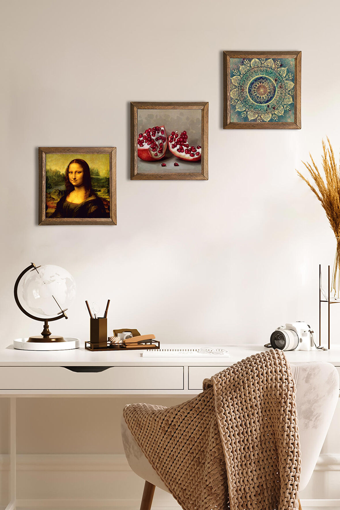 Mandala, Leonardo da Vinci Mona Lisa, Nar Taş Duvar Tablosu Ahşap Çerçeveli Duvar Dekoru 3 Parça Tablo Seti Wall Art