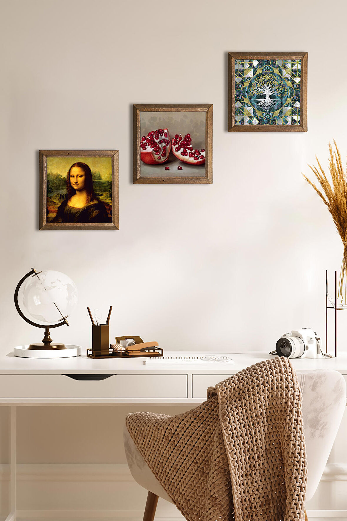 Hayat Ağacı, Leonardo da Vinci Mona Lisa, Nar Taş Duvar Tablosu Ahşap Çerçeveli Duvar Dekoru 3 Parça Tablo Seti Wall Art