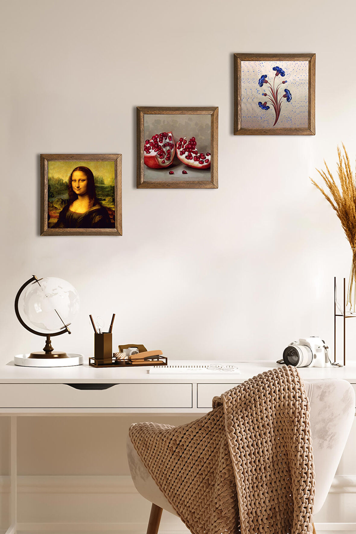 Ebru Sanatı, Leonardo da Vinci Mona Lisa, Nar Taş Duvar Tablosu Ahşap Çerçeveli Duvar Dekoru 3 Parça Tablo Seti Wall Art