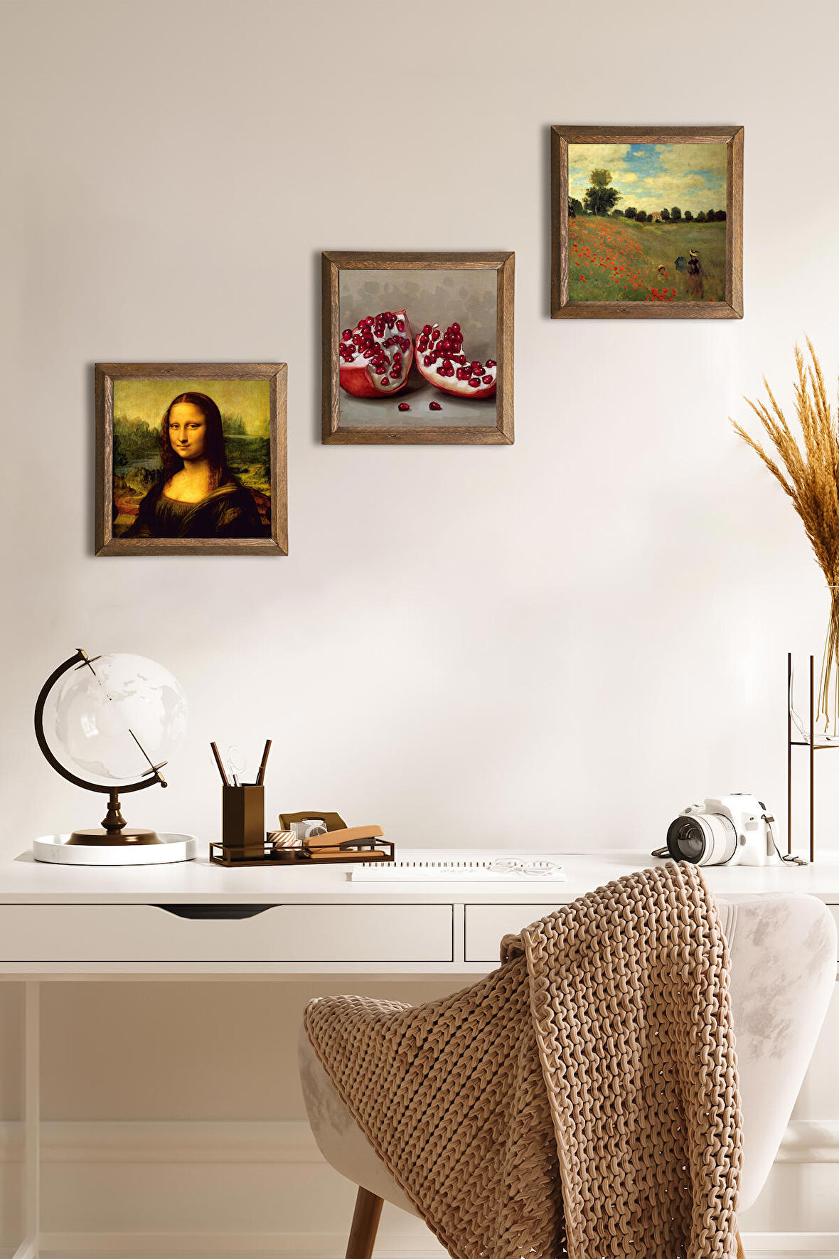 Claude Monet Gelincikler, Leonardo da Vinci Mona Lisa, Nar Taş Duvar Tablosu Ahşap Çerçeveli Duvar Dekoru 3 Parça Tablo Seti Wall Art