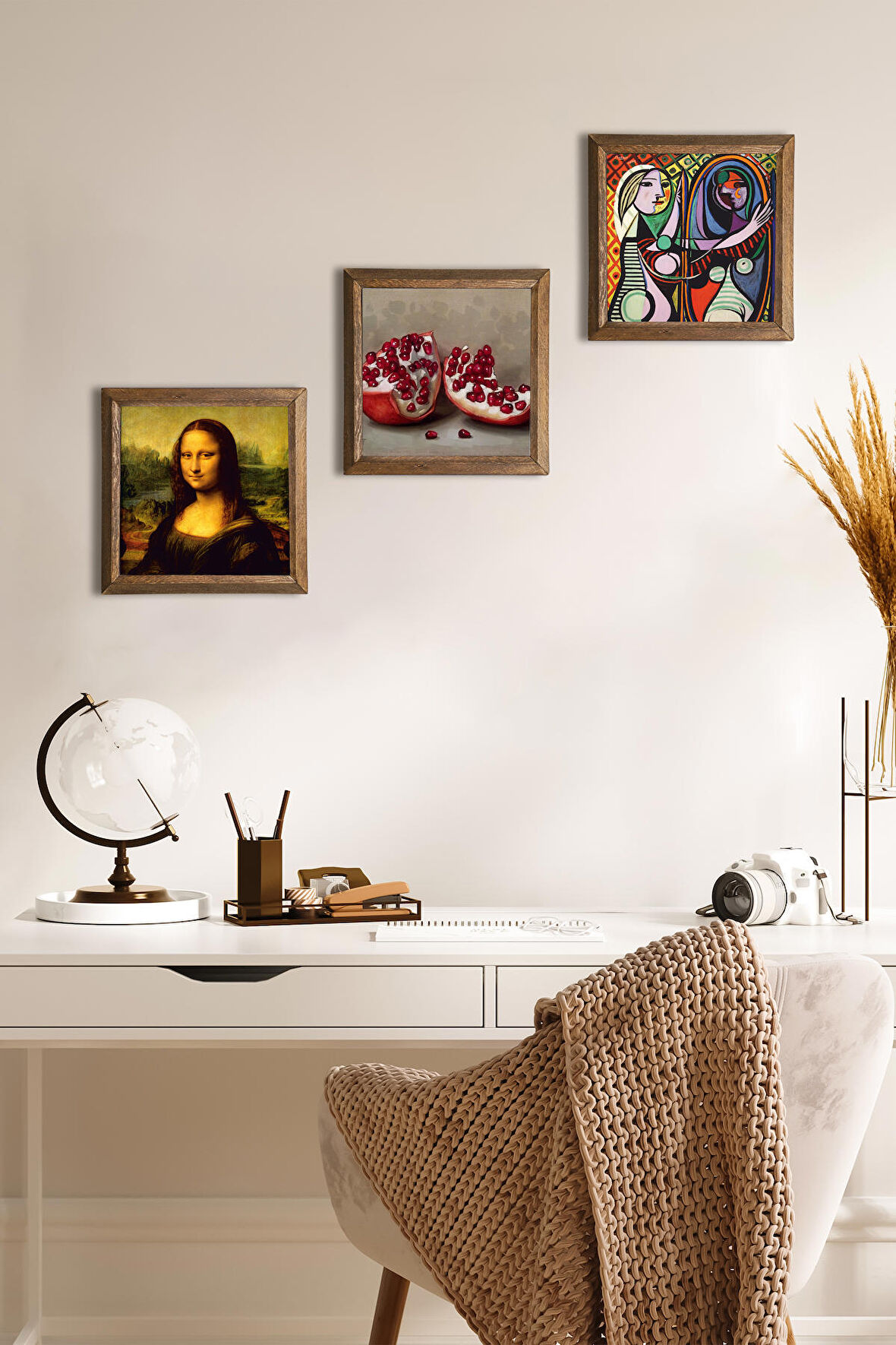 Picasso Ayna Karşısındaki Kız, Da Vinci Mona Lisa, Nar Taş Duvar Tablosu Ahşap Çerçeveli Duvar Dekoru 3 Parça Tablo Seti Wall Art