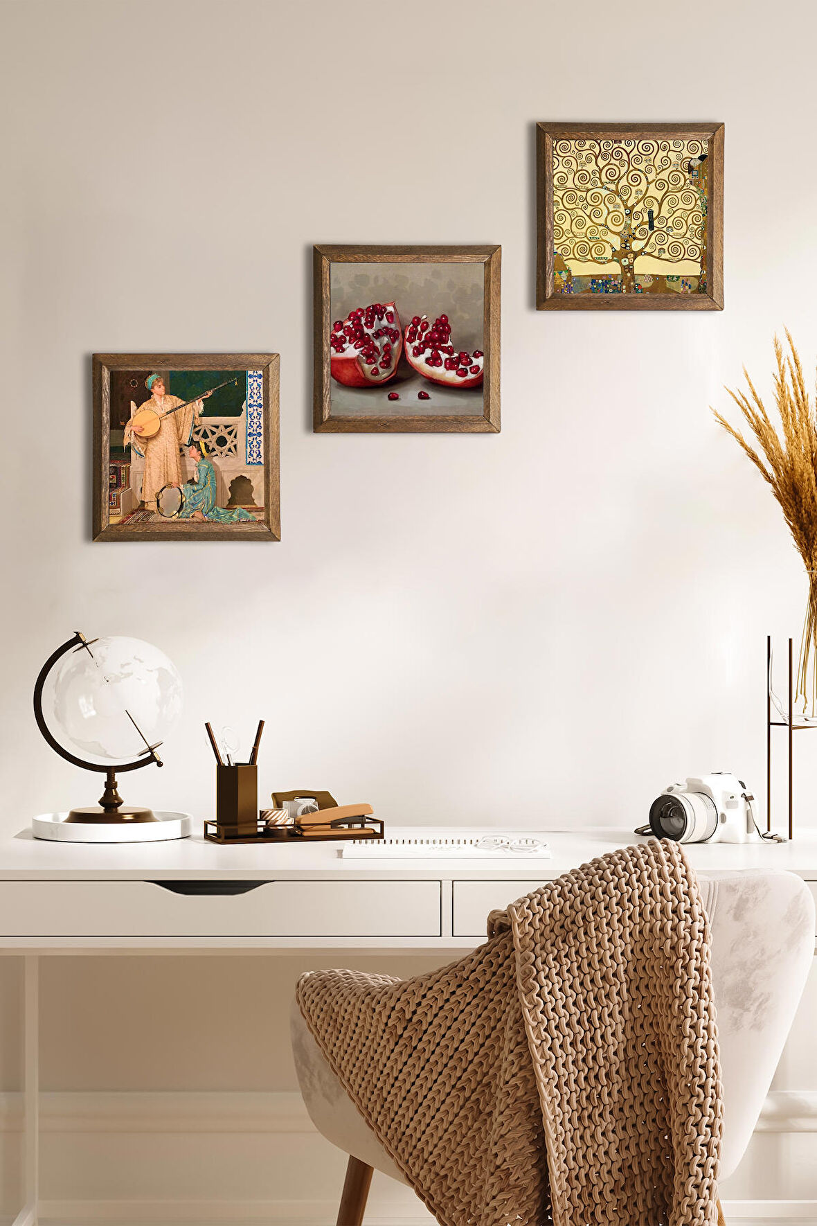 Gustav Klimt Hayat Ağacı, İki Müzisyen Kız Tablosu, Nar Taş Duvar Tablosu Ahşap Çerçeveli Duvar Dekoru 3 Parça Tablo Seti Wall Art