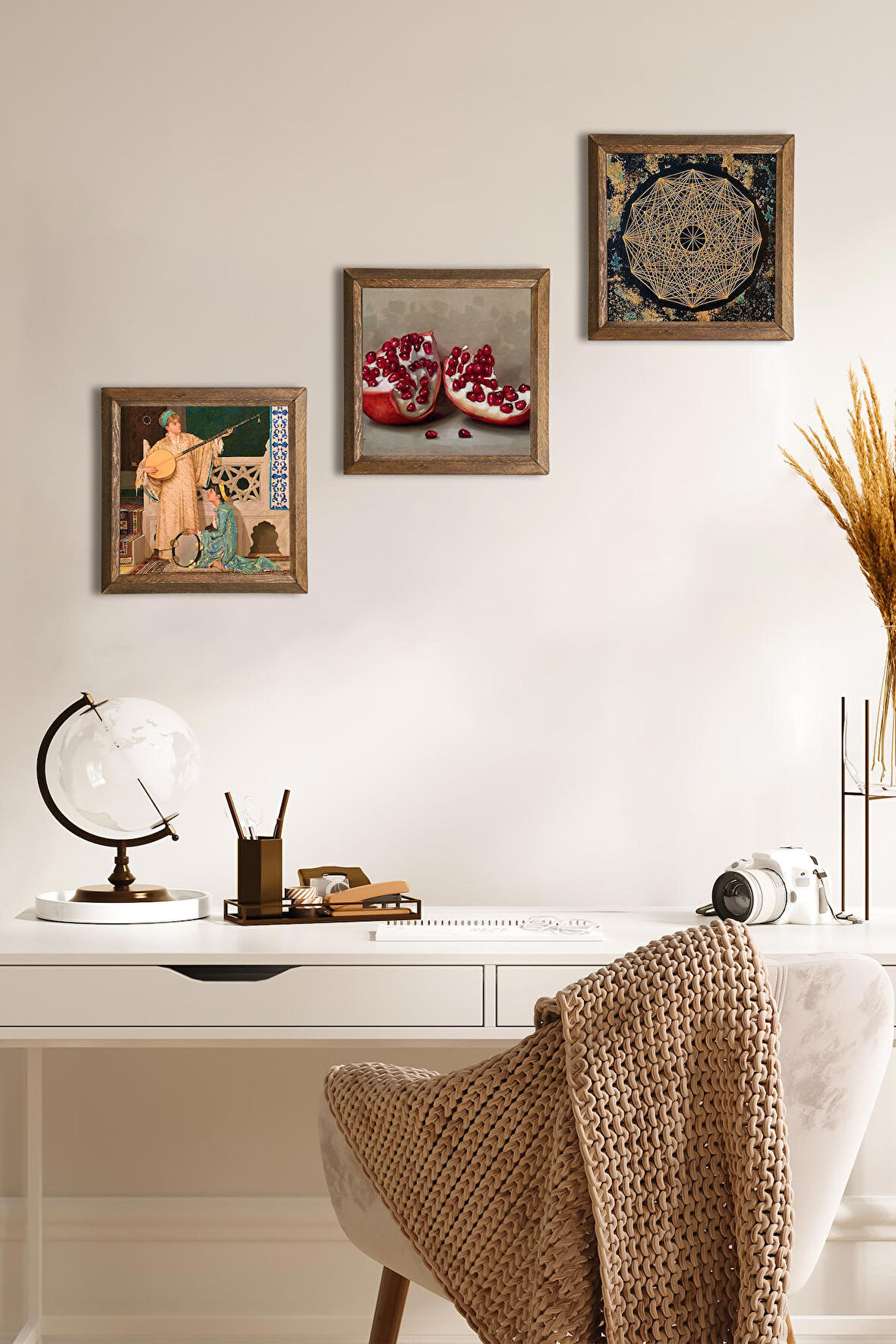 Sri Yantra, İki Müzisyen Kız Tablosu, Nar Taş Duvar Tablosu Ahşap Çerçeveli Duvar Dekoru 3 Parça Tablo Seti Wall Art