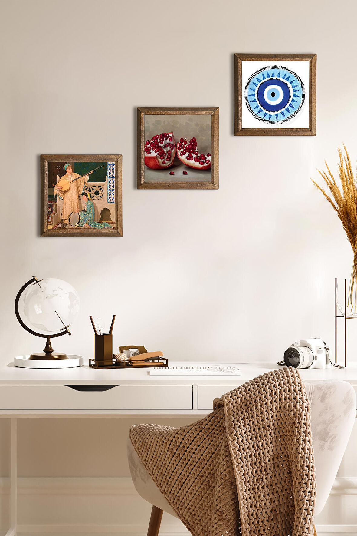 Nazar, İki Müzisyen Kız Tablosu, Nar Taş Duvar Tablosu Ahşap Çerçeveli Duvar Dekoru 3 Parça Tablo Seti Wall Art
