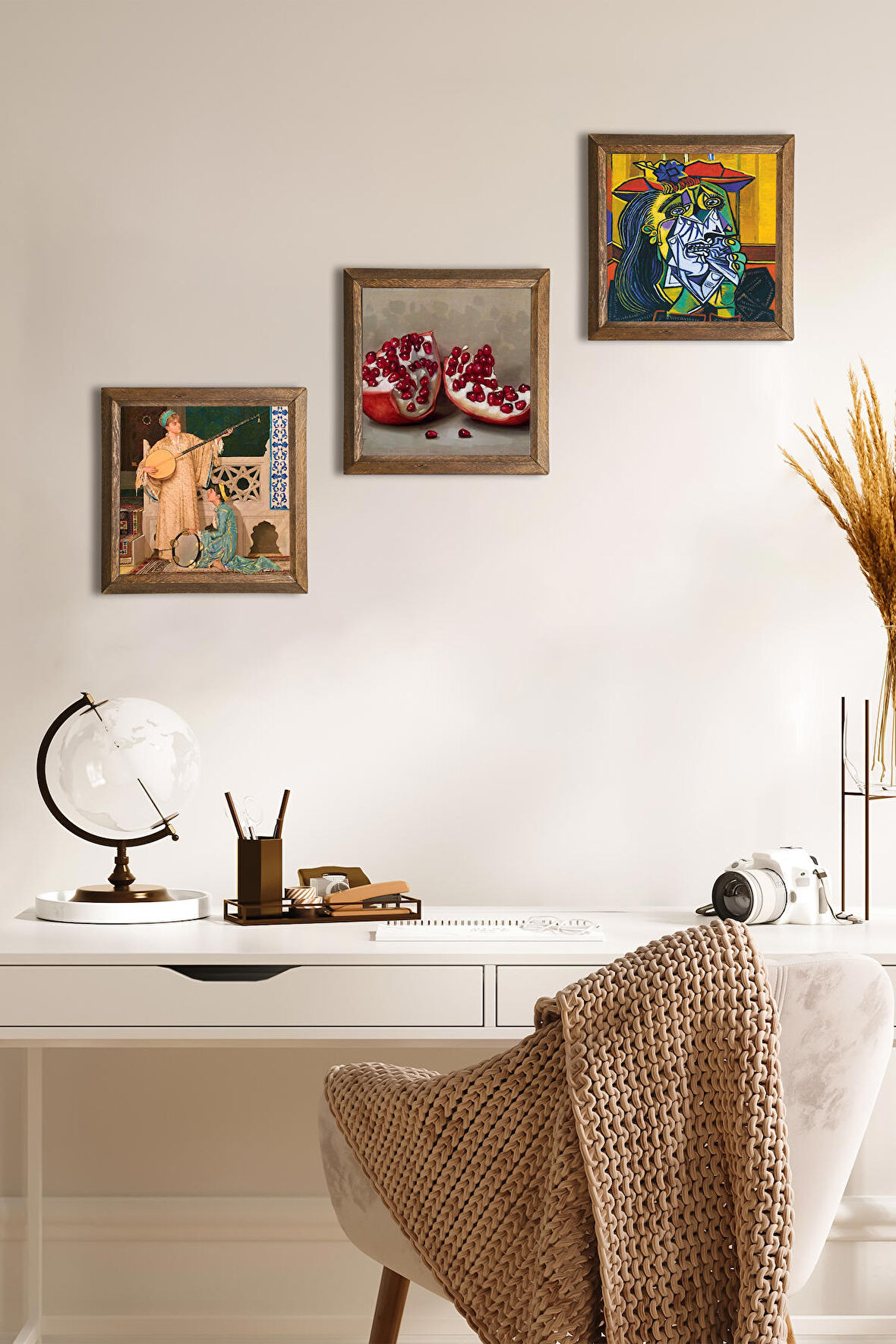 Picasso Ağlayan Kadın, İki Müzisyen Kız Tablosu, Nar Taş Duvar Tablosu Ahşap Çerçeveli Duvar Dekoru 3 Parça Tablo Seti Wall Art