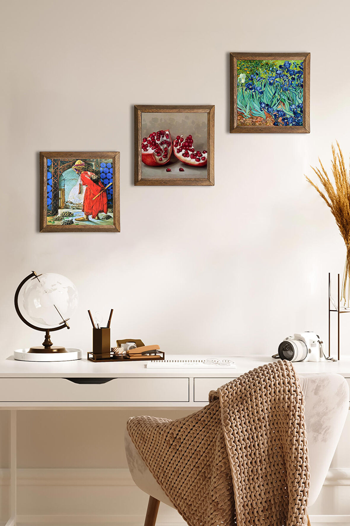 Van Gogh İrisler, Kaplumbağa Terbiyecisi, Nar Taş Duvar Tablosu Ahşap Çerçeveli Duvar Dekoru 3 Parça Tablo Seti Wall Art