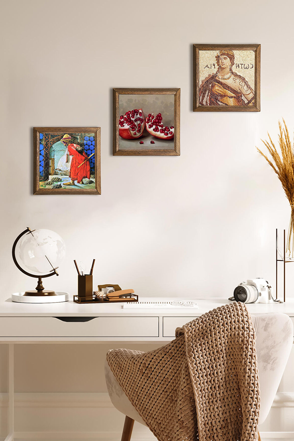 Soteria Mozaiği, Kaplumbağa Terbiyecisi, Nar Taş Duvar Tablosu Ahşap Çerçeveli Duvar Dekoru 3 Parça Tablo Seti Wall Art