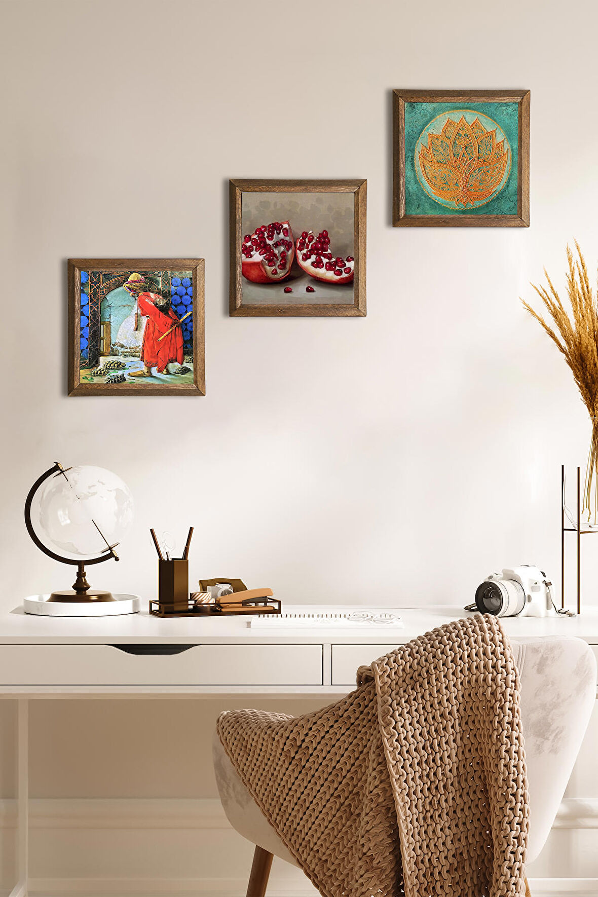 Lotus Çiçeği, Kaplumbağa Terbiyecisi, Nar Taş Duvar Tablosu Ahşap Çerçeveli Duvar Dekoru 3 Parça Tablo Seti Wall Art