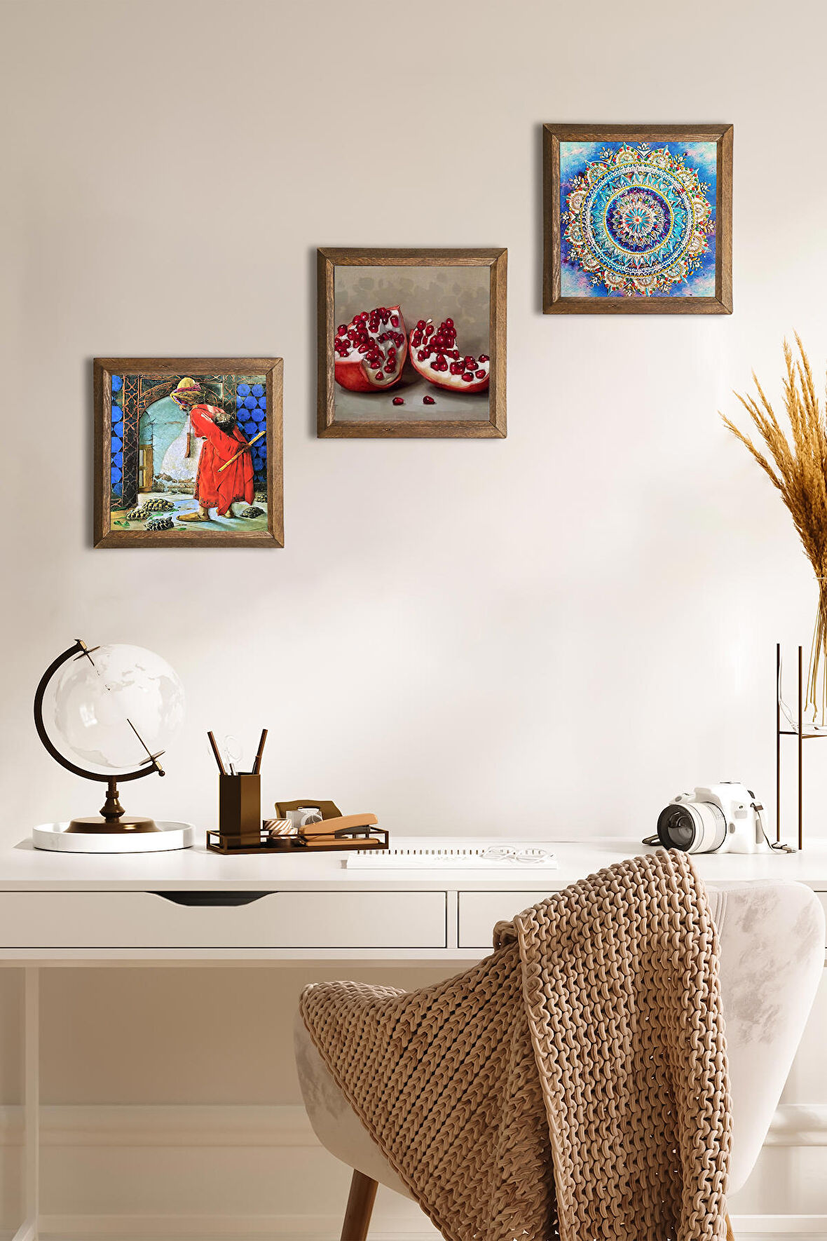 Mandala, Kaplumbağa Terbiyecisi, Nar Taş Duvar Tablosu Ahşap Çerçeveli Duvar Dekoru 3 Parça Tablo Seti Wall Art