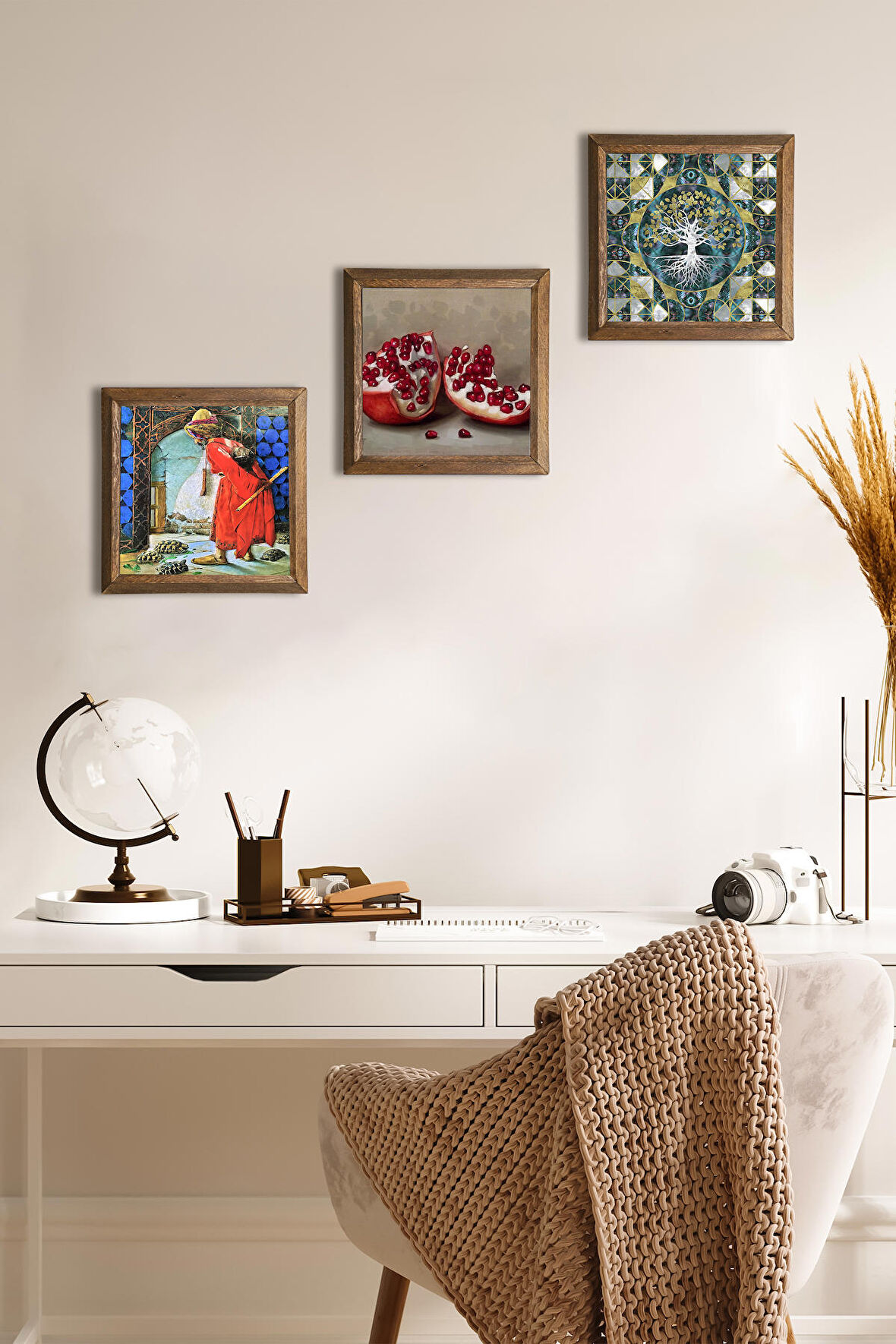 Hayat Ağacı, Kaplumbağa Terbiyecisi, Nar Taş Duvar Tablosu Ahşap Çerçeveli Duvar Dekoru 3 Parça Tablo Seti Wall Art