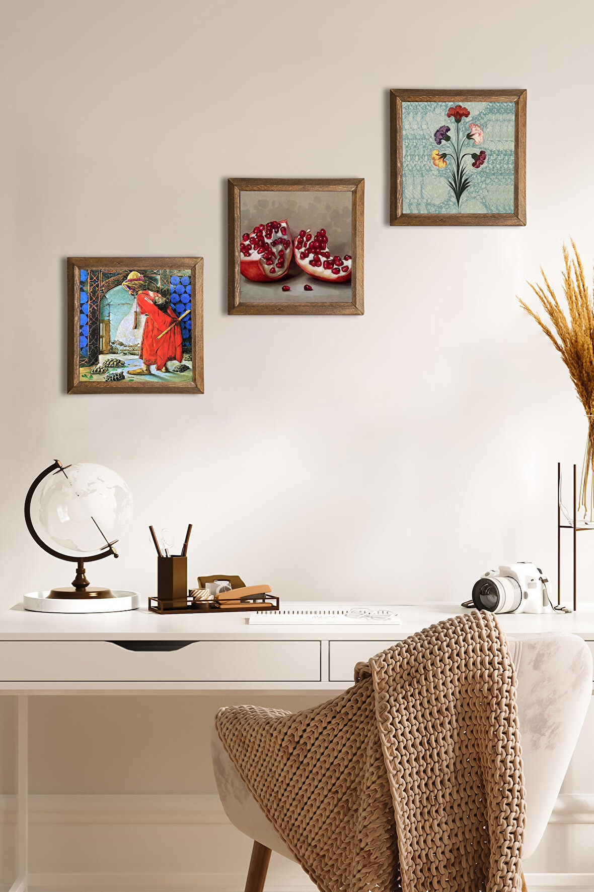 Ebru Sanatı, Kaplumbağa Terbiyecisi, Nar Taş Duvar Tablosu Ahşap Çerçeveli Duvar Dekoru 3 Parça Tablo Seti Wall Art